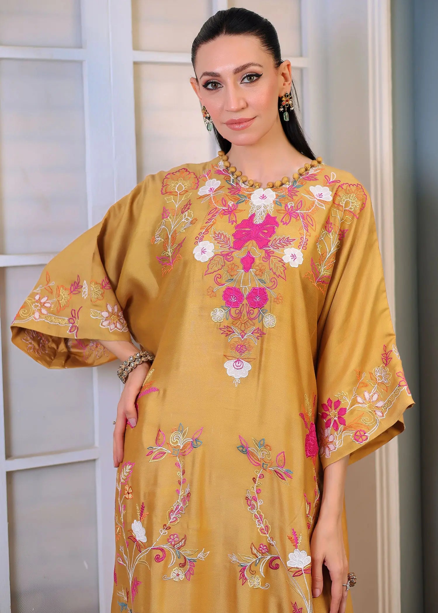 Pakistani Mustard Embroidered Khadi Silk Salwar Kameez (2-Piece) - Image 4