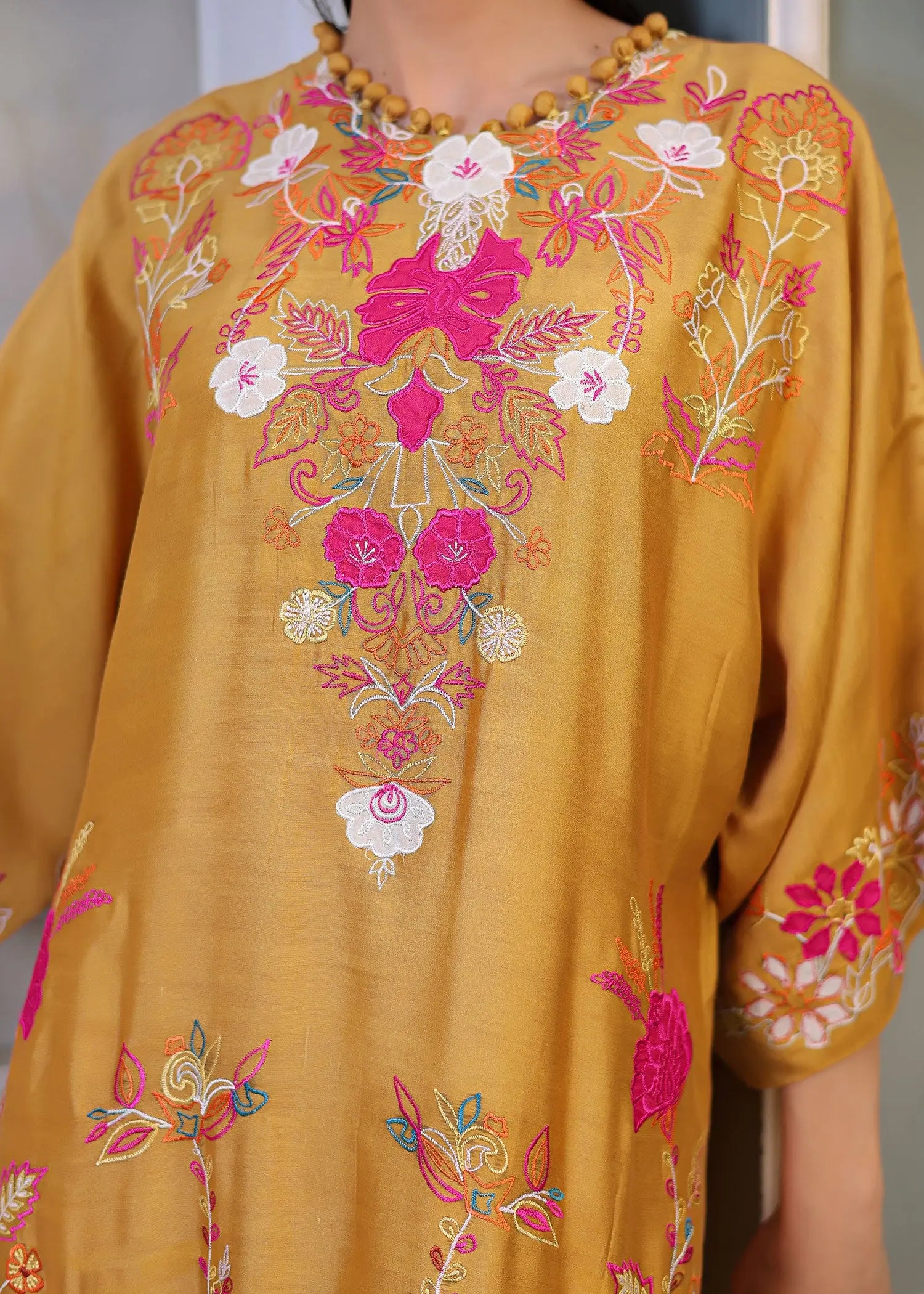Pakistani Mustard Embroidered Khadi Silk Salwar Kameez (2-Piece) - Image 5