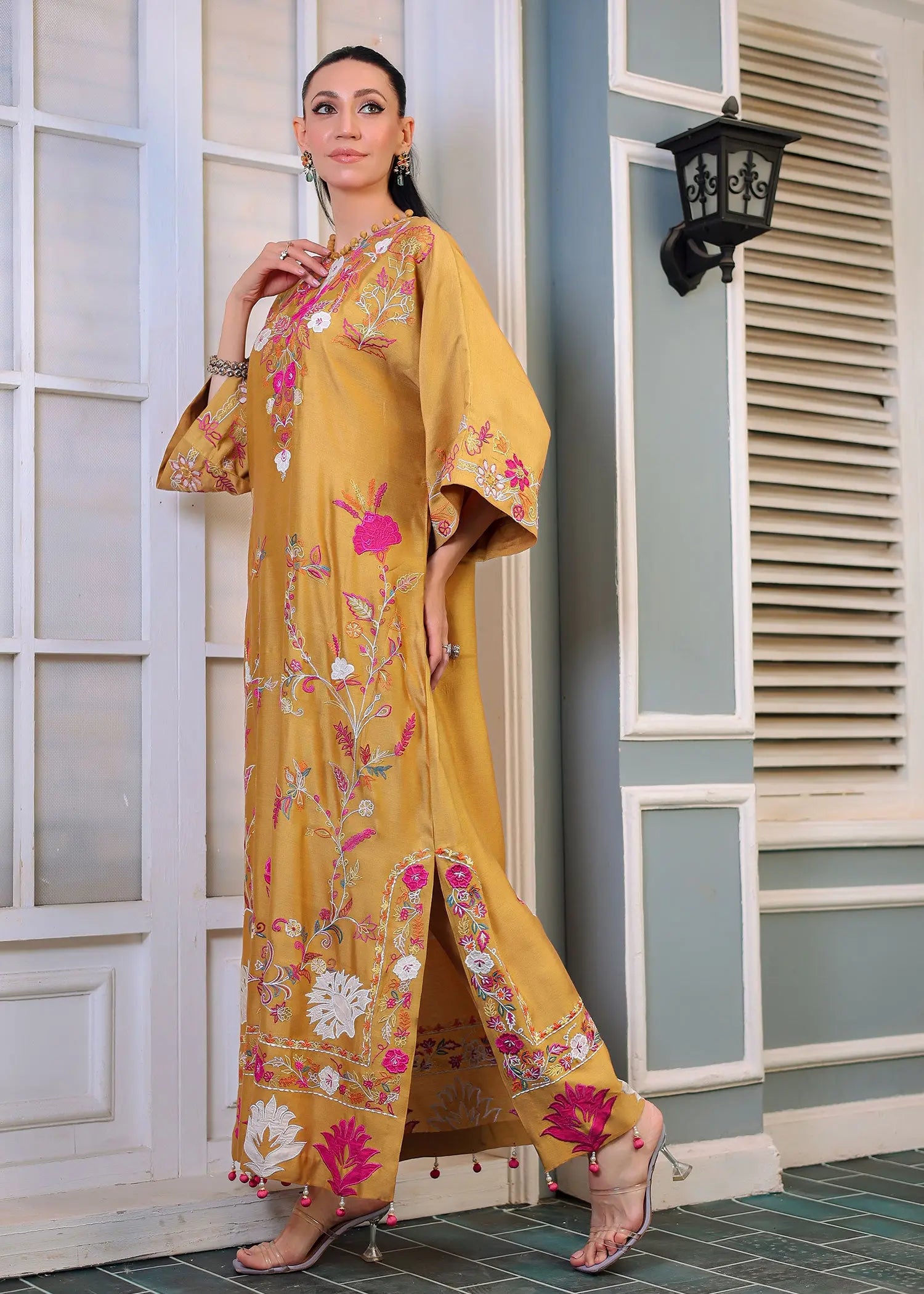 Pakistani Mustard Embroidered Khadi Silk Salwar Kameez (2-Piece) - Image 6