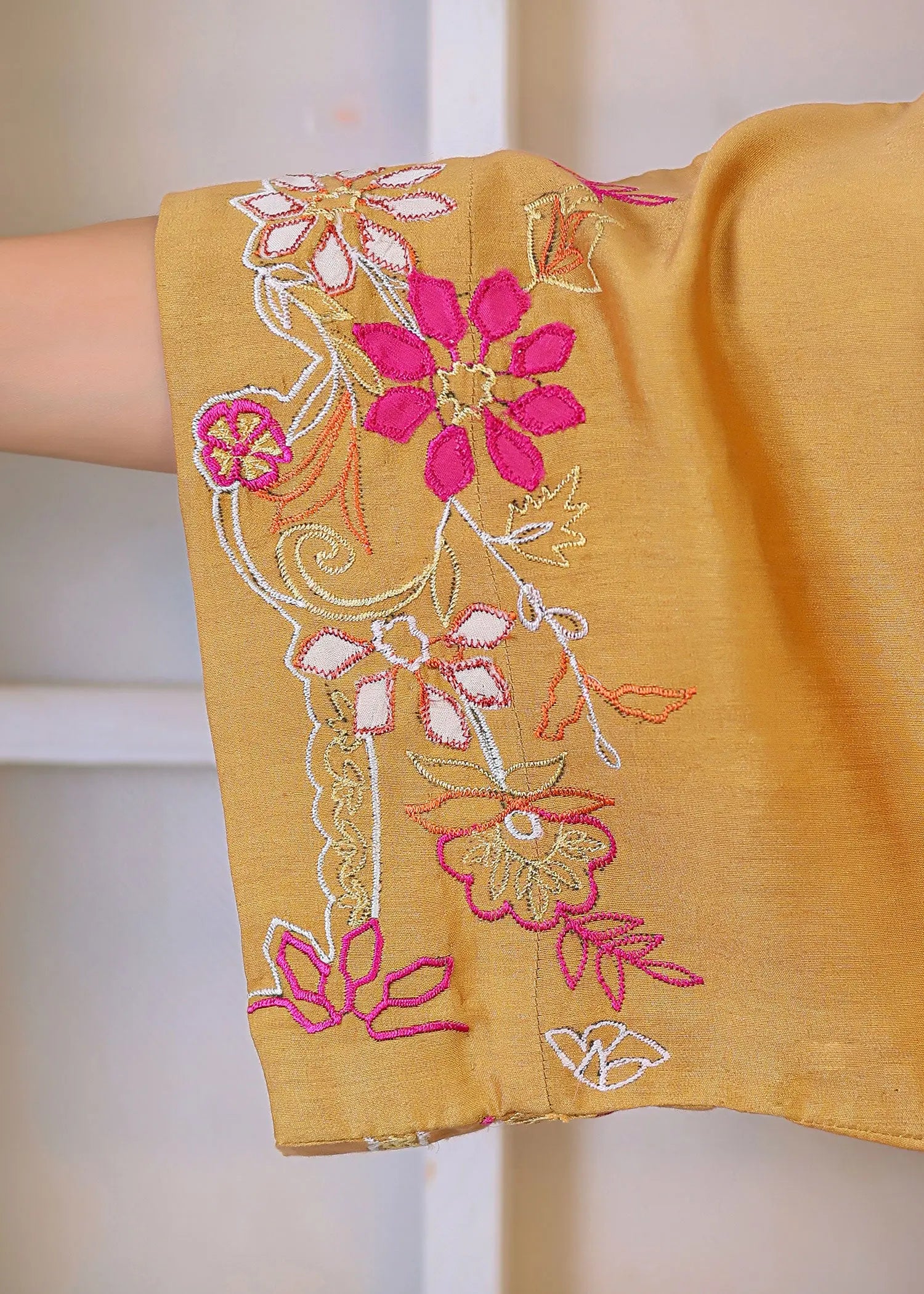 Pakistani Mustard Embroidered Khadi Silk Salwar Kameez (2-Piece) - Image 7