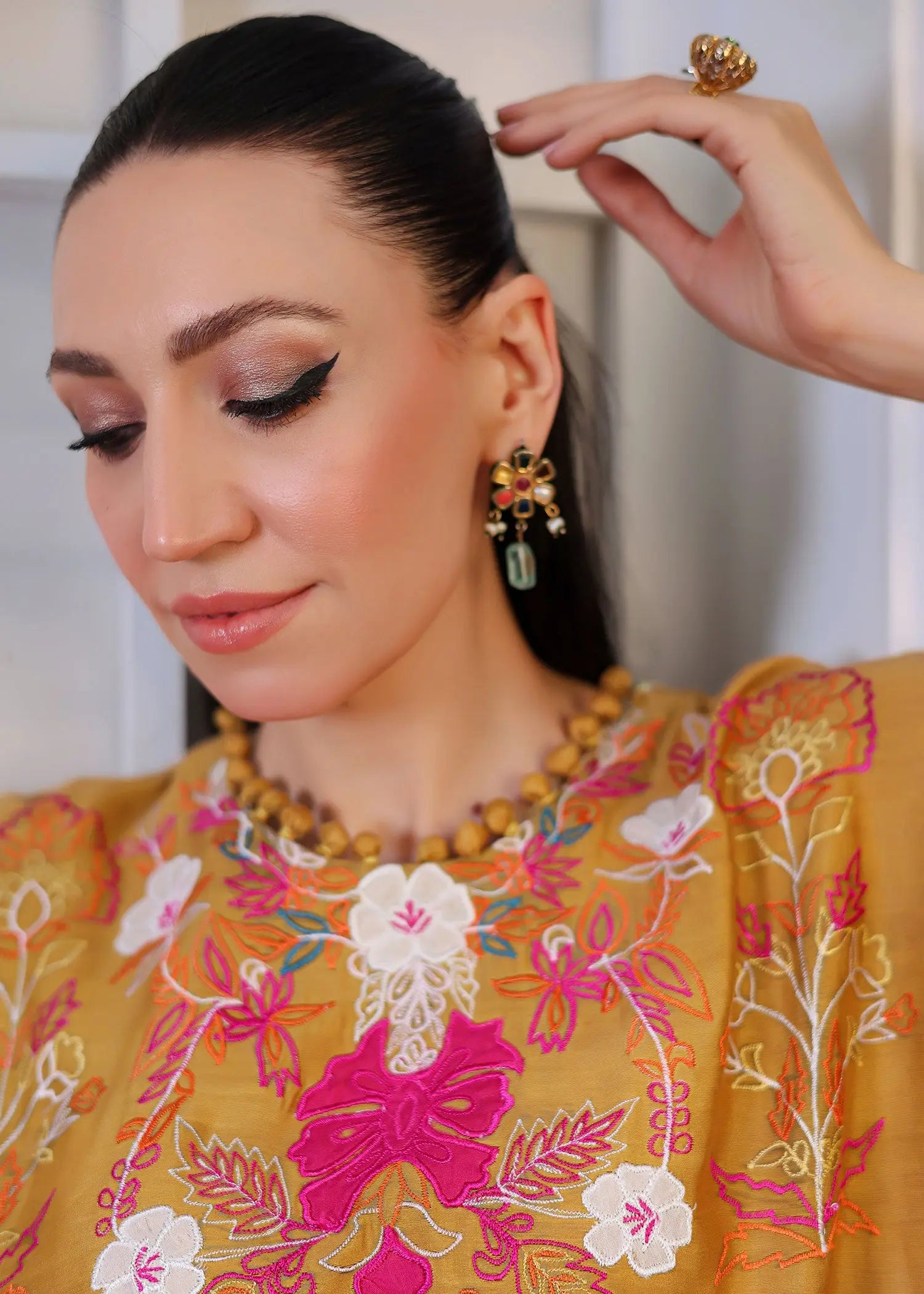 Pakistani Mustard Embroidered Khadi Silk Salwar Kameez (2-Piece) - Image 8