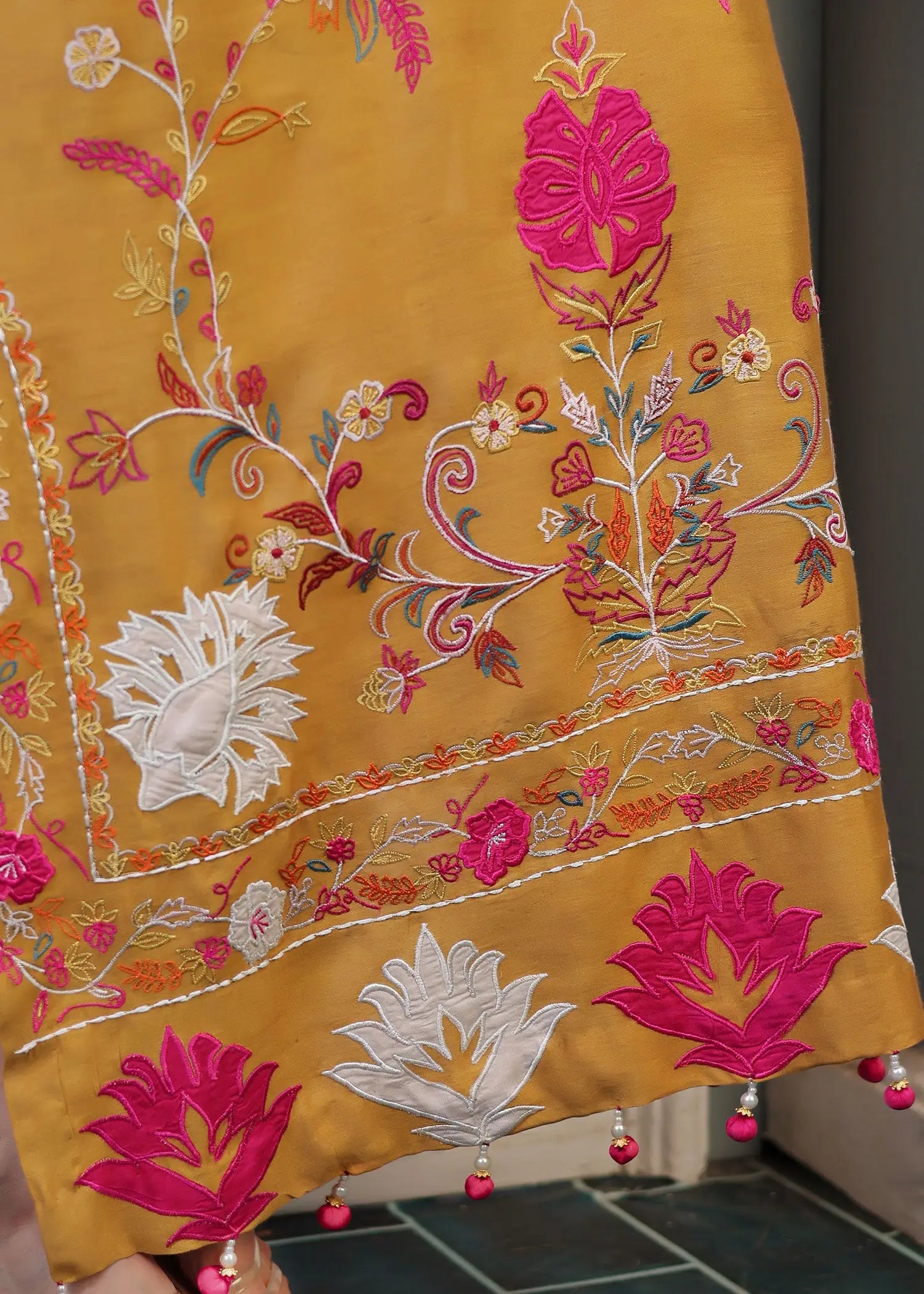 Pakistani Mustard Embroidered Khadi Silk Salwar Kameez (2-Piece) - Image 9