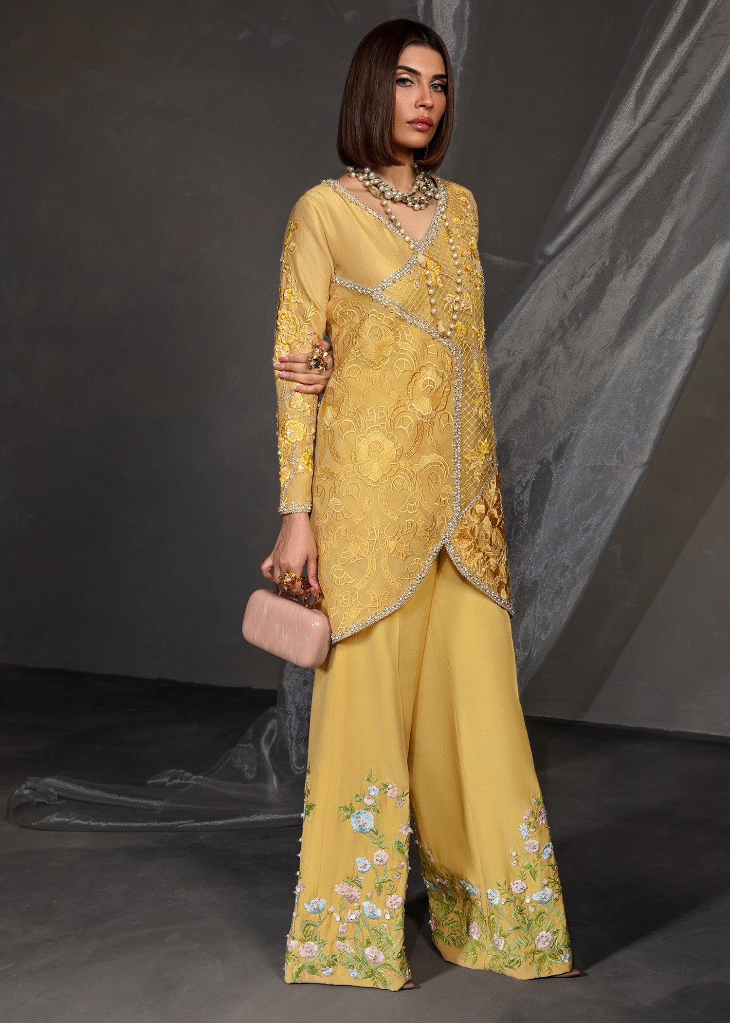 Pakistani Saffron Embroidered Korean Raw Silk Salwar Kameez (2-Piece) - Image 6