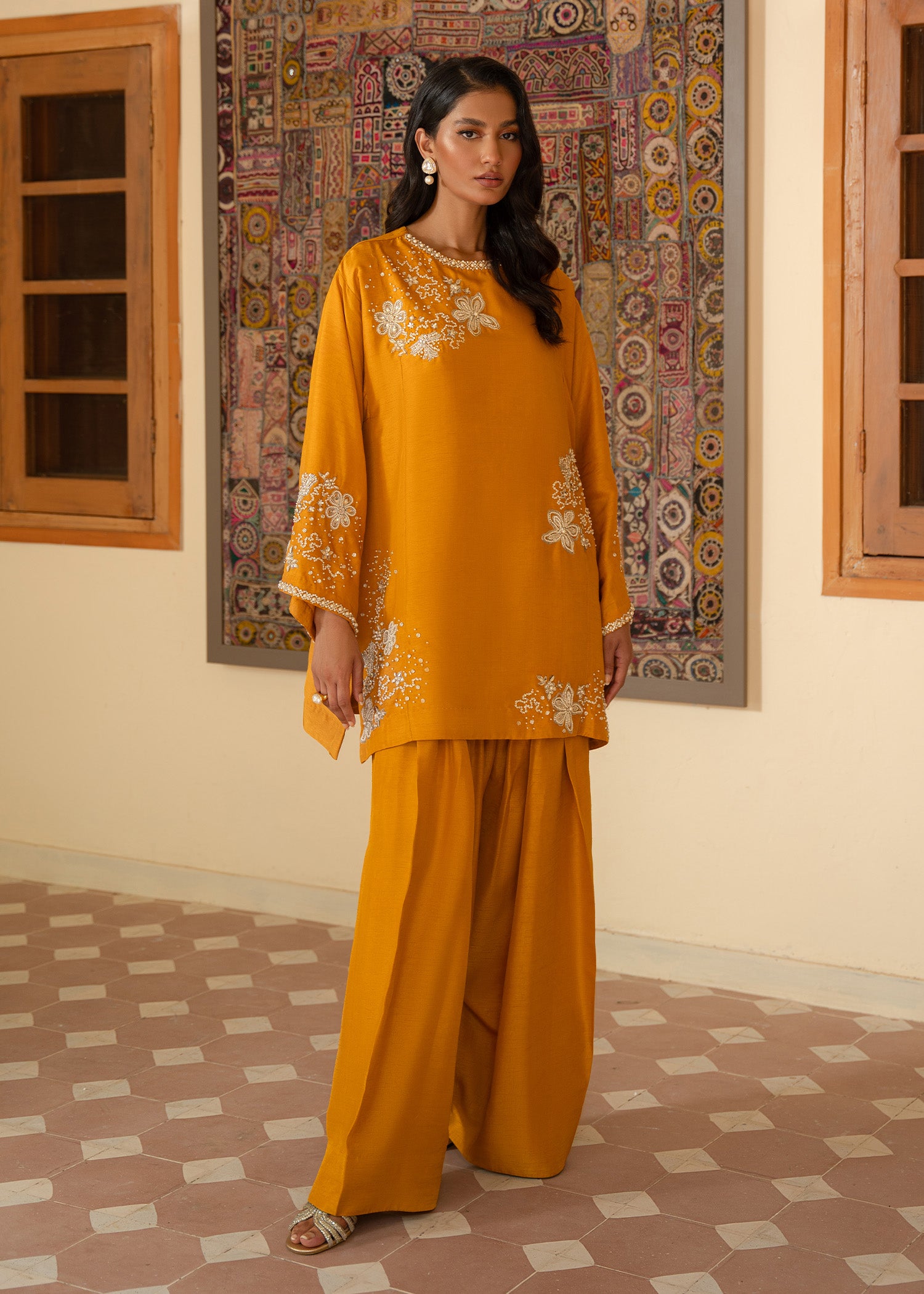 Pakistani Honey Mustard Embroidered Korean Raw Silk Salwar Kameez (3-Piece) - Image 2