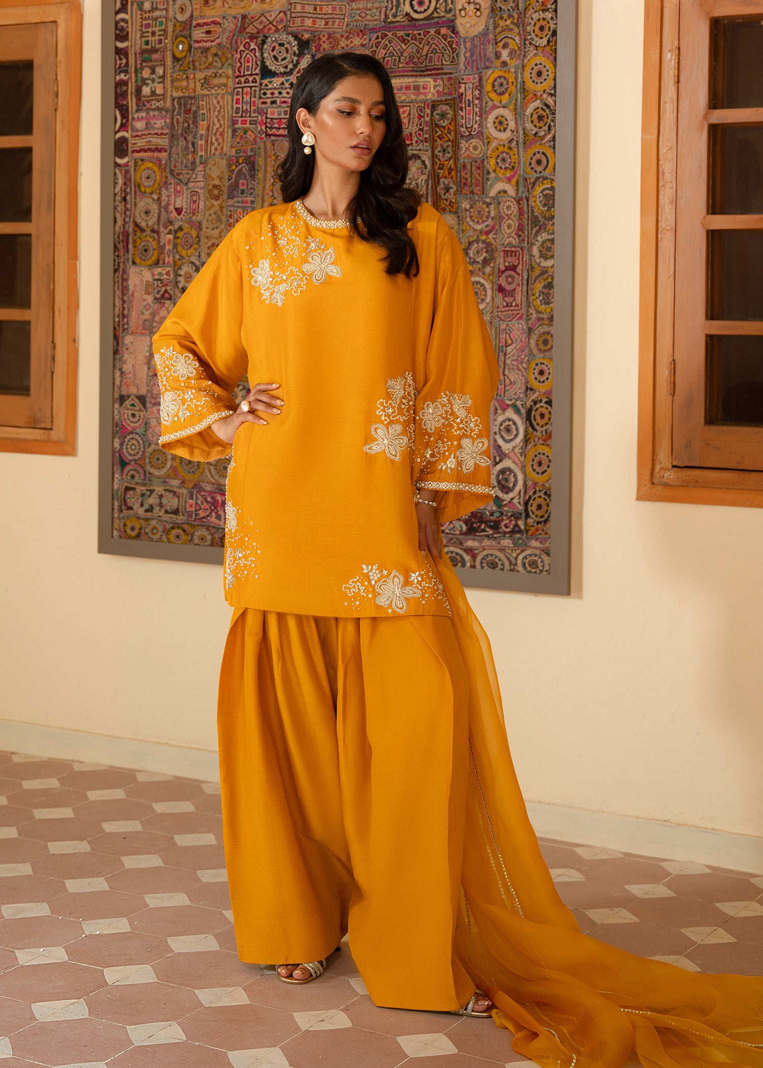 Pakistani Honey Mustard Embroidered Korean Raw Silk Salwar Kameez (3-Piece) - Image 3