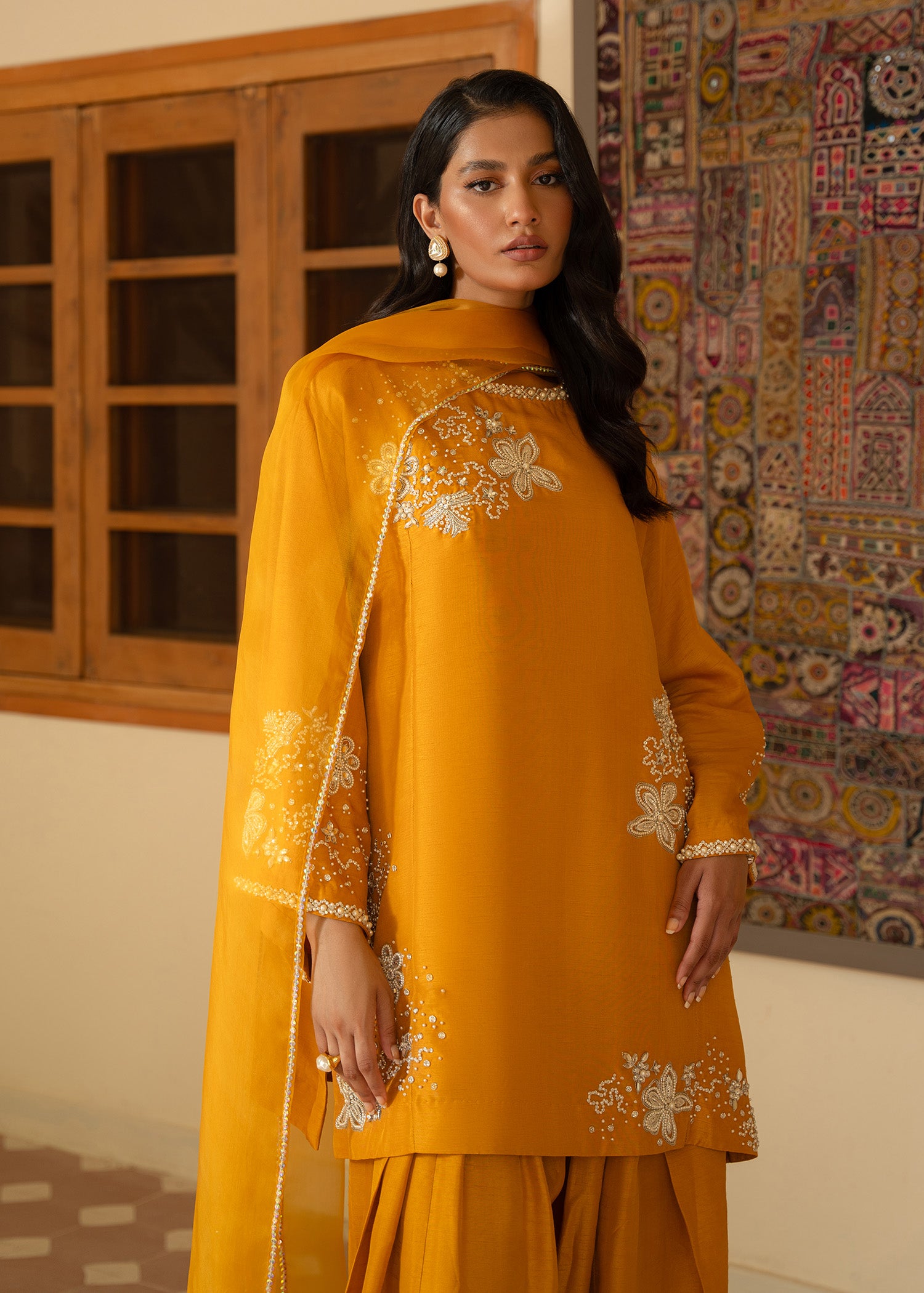 Pakistani Honey Mustard Embroidered Korean Raw Silk Salwar Kameez (3-Piece) - Image 4