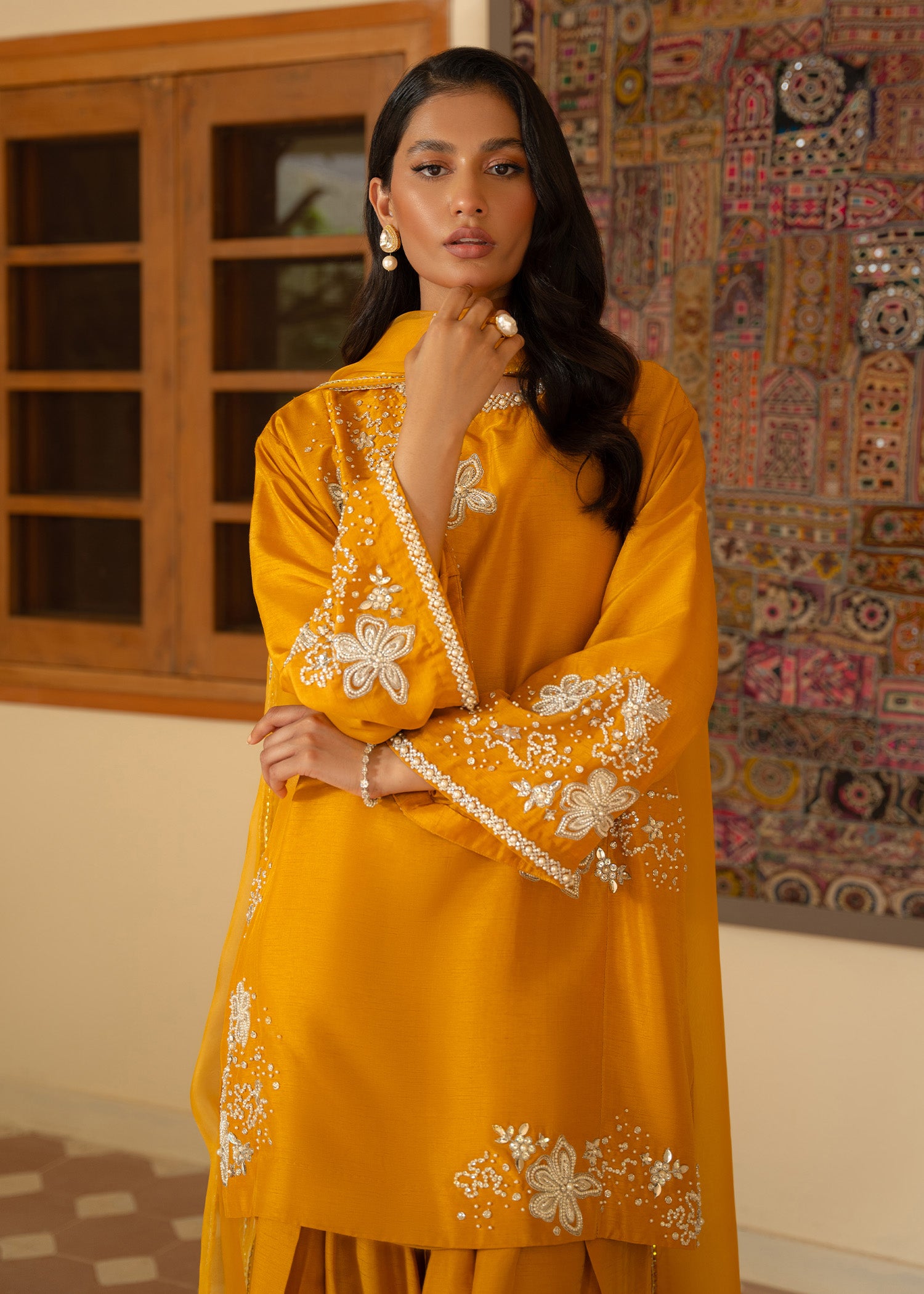 Pakistani Honey Mustard Embroidered Korean Raw Silk Salwar Kameez (3-Piece) - Image 5