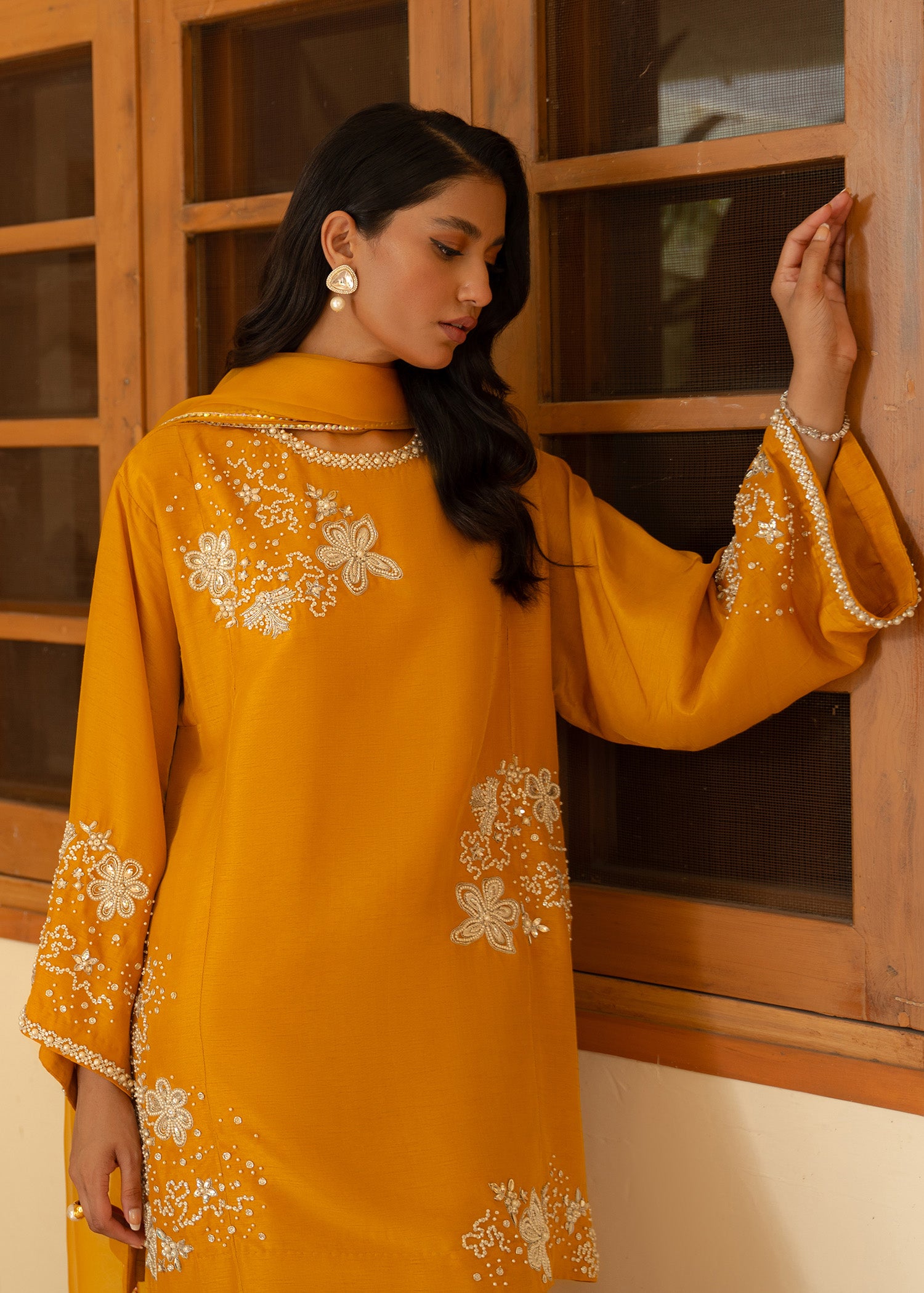 Pakistani Honey Mustard Embroidered Korean Raw Silk Salwar Kameez (3-Piece) - Image 6