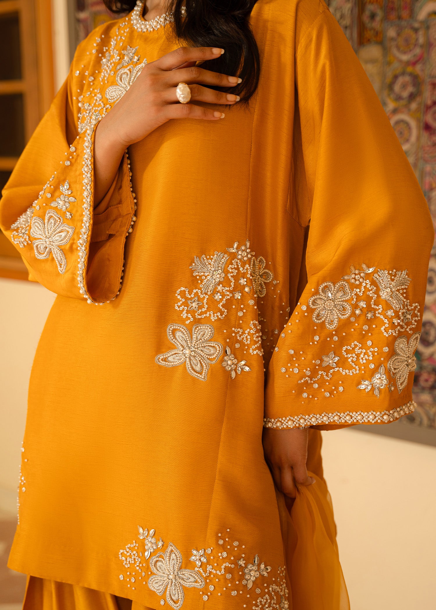 Pakistani Honey Mustard Embroidered Korean Raw Silk Salwar Kameez (3-Piece) - Image 7