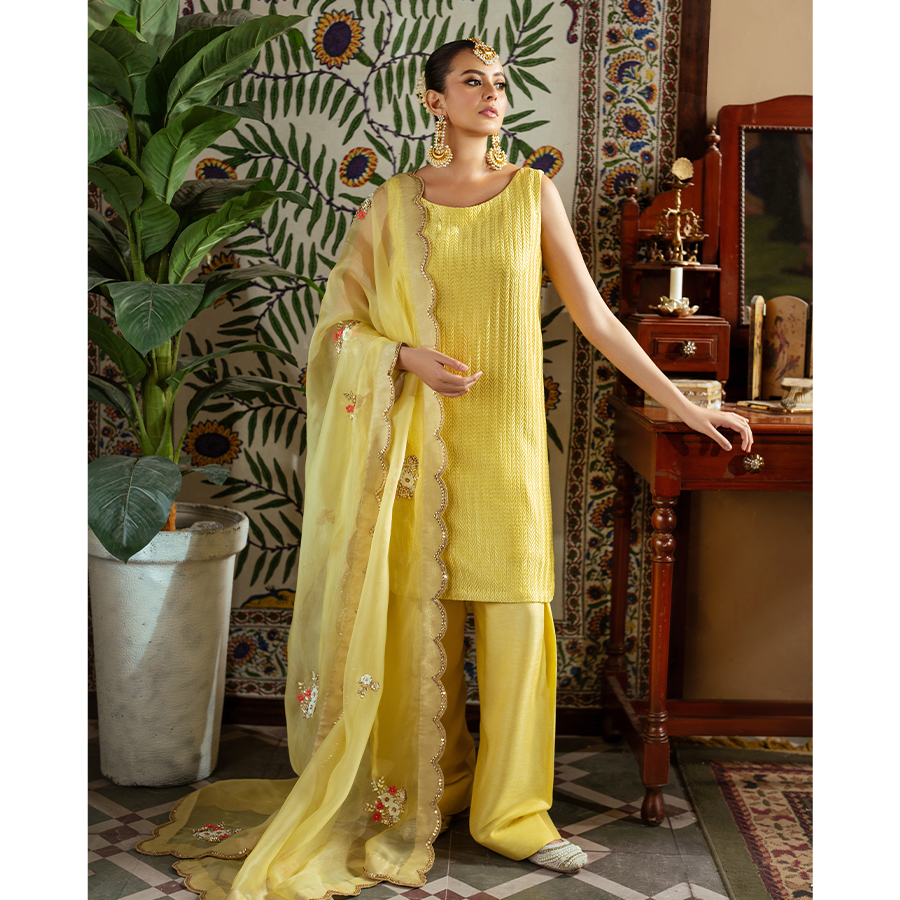 Butter Yellow Embroidered Silk Salwar Kameez (3-Piece) - Image 1