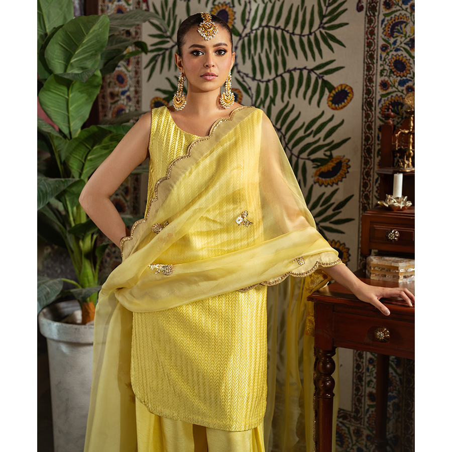 Butter Yellow Embroidered Silk Salwar Kameez (3-Piece) - Image 2