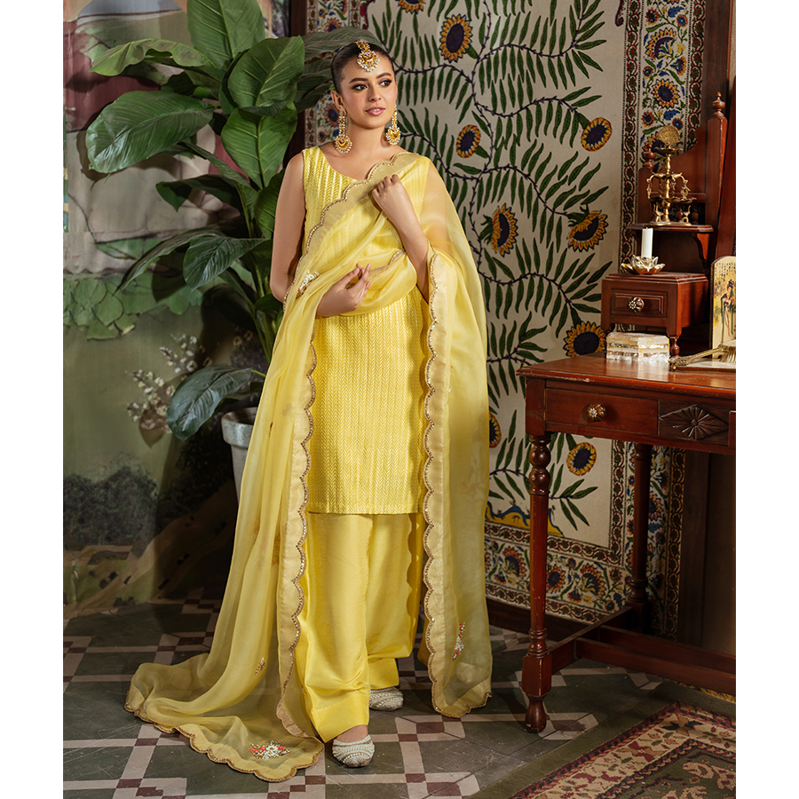 Butter Yellow Embroidered Silk Salwar Kameez (3-Piece) - Image 3