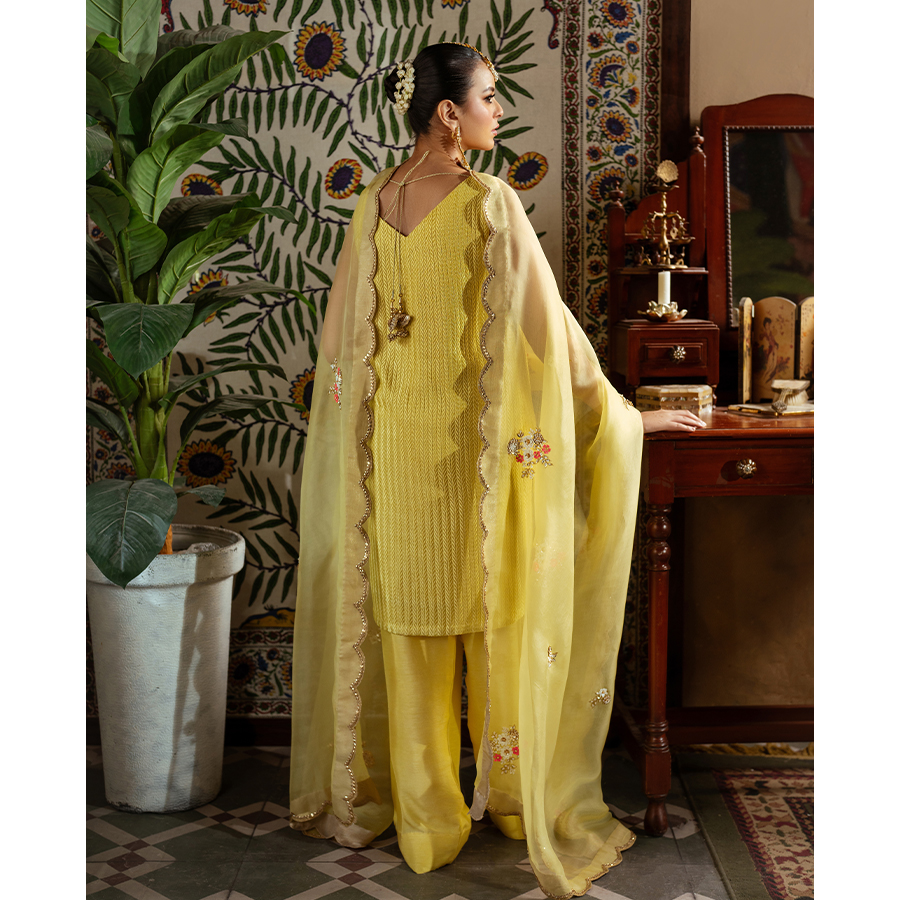 Butter Yellow Embroidered Silk Salwar Kameez (3-Piece) - Image 6