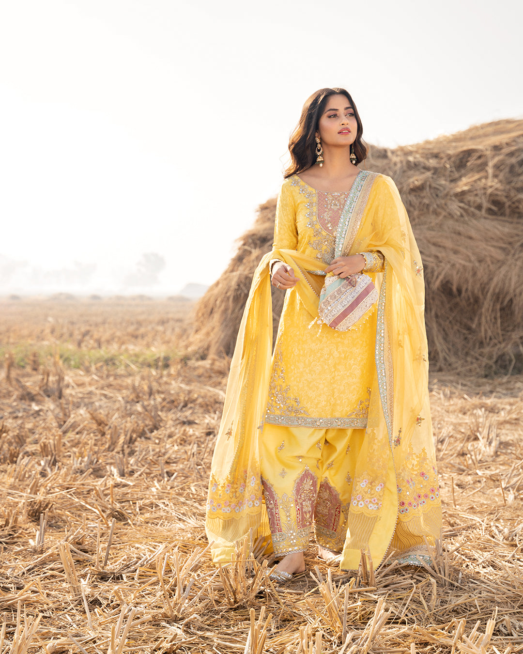 Yellow Embroidered Korean Raw Silk Shalwar Kameez (3-Piece) - Image 1