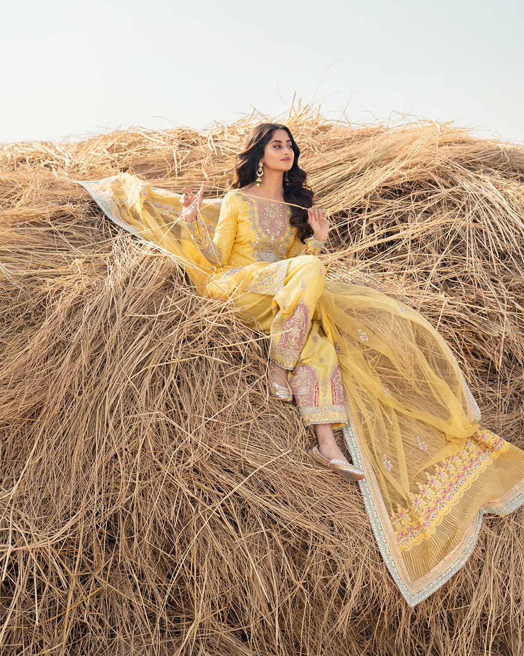 Yellow Embroidered Korean Raw Silk Shalwar Kameez (3-Piece) - Image 4