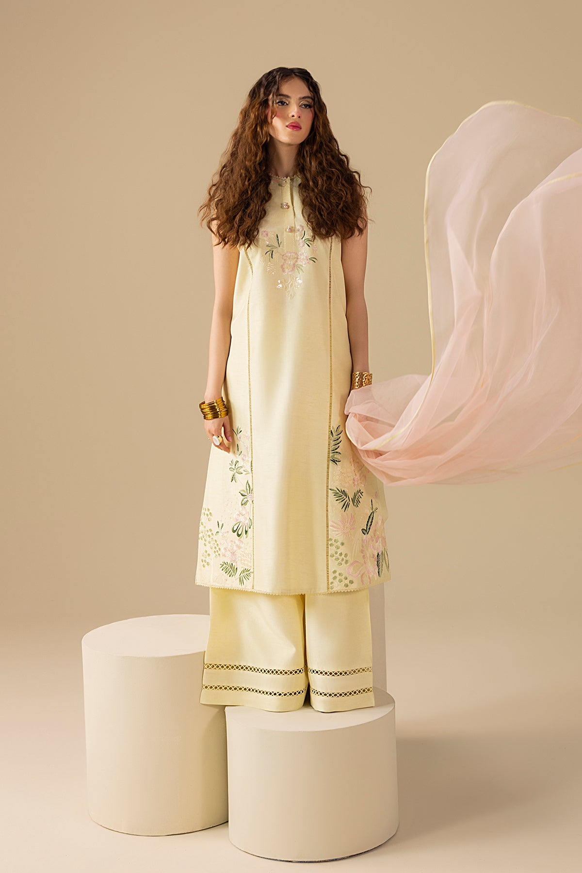 Pakistani Buttery Yellow Embroidered Korean Silk Salwar Kameez (3-Piece) - Image 1