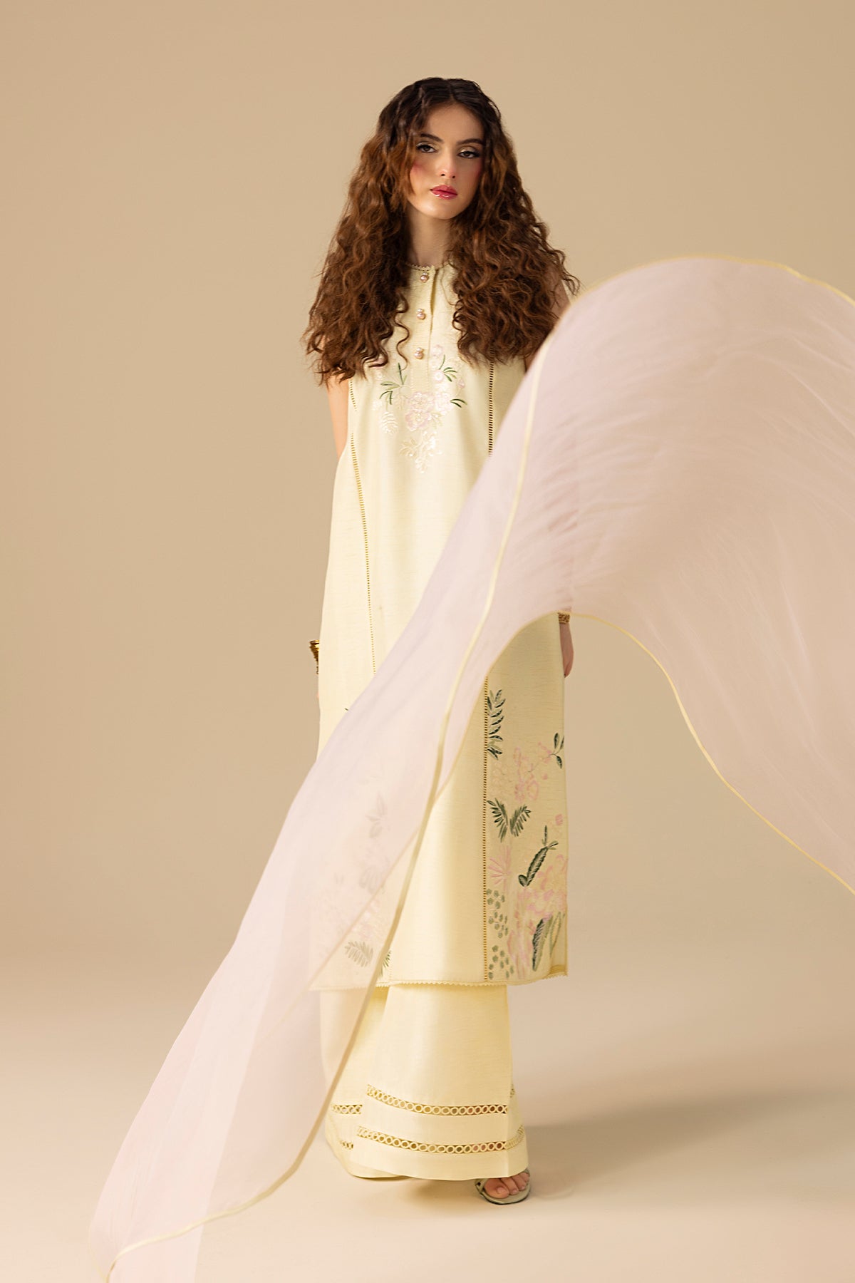 Pakistani Buttery Yellow Embroidered Korean Silk Salwar Kameez (3-Piece) - Image 10