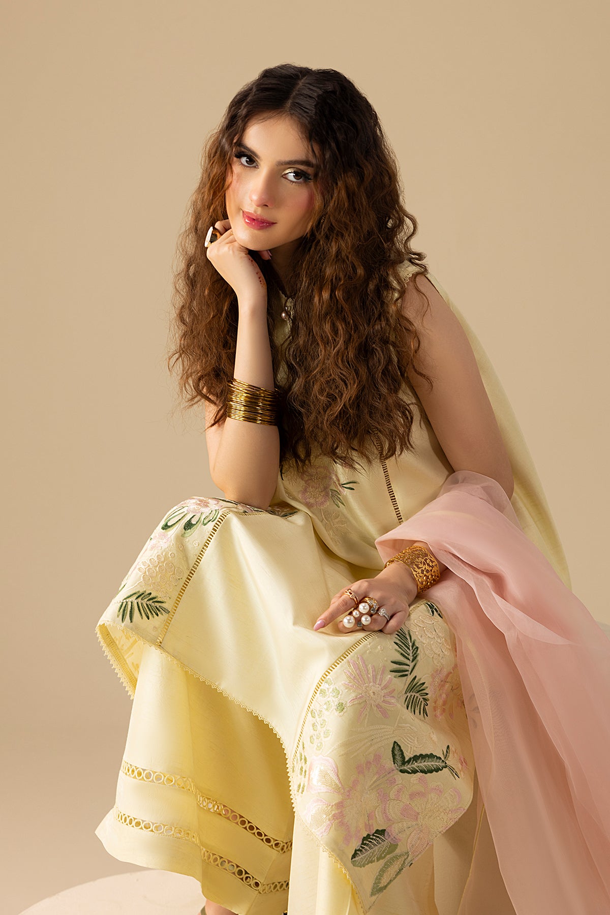 Pakistani Buttery Yellow Embroidered Korean Silk Salwar Kameez (3-Piece) - Image 11