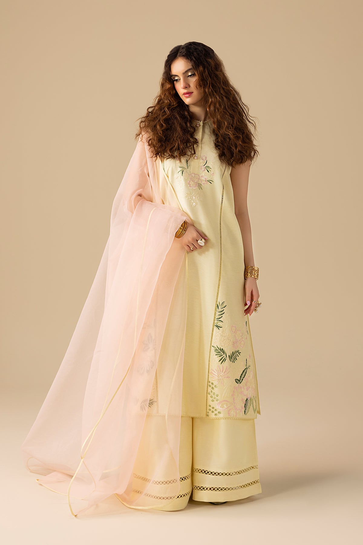 Pakistani Buttery Yellow Embroidered Korean Silk Salwar Kameez (3-Piece) - Image 13