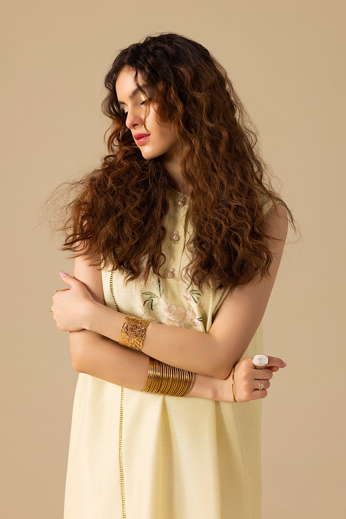 Pakistani Buttery Yellow Embroidered Korean Silk Salwar Kameez (3-Piece) - Image 14