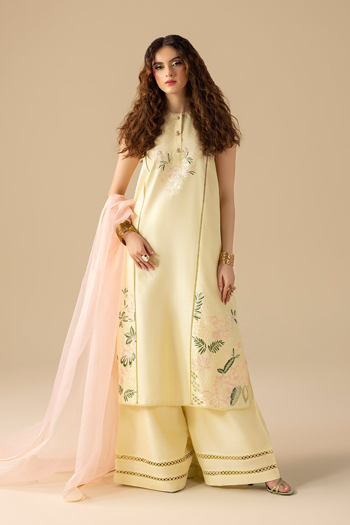 Pakistani Buttery Yellow Embroidered Korean Silk Salwar Kameez (3-Piece) - Image 2