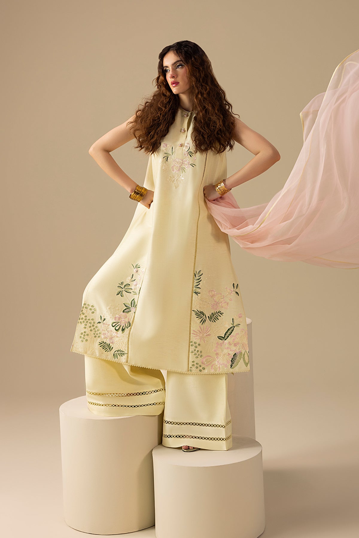 Pakistani Buttery Yellow Embroidered Korean Silk Salwar Kameez (3-Piece) - Image 4