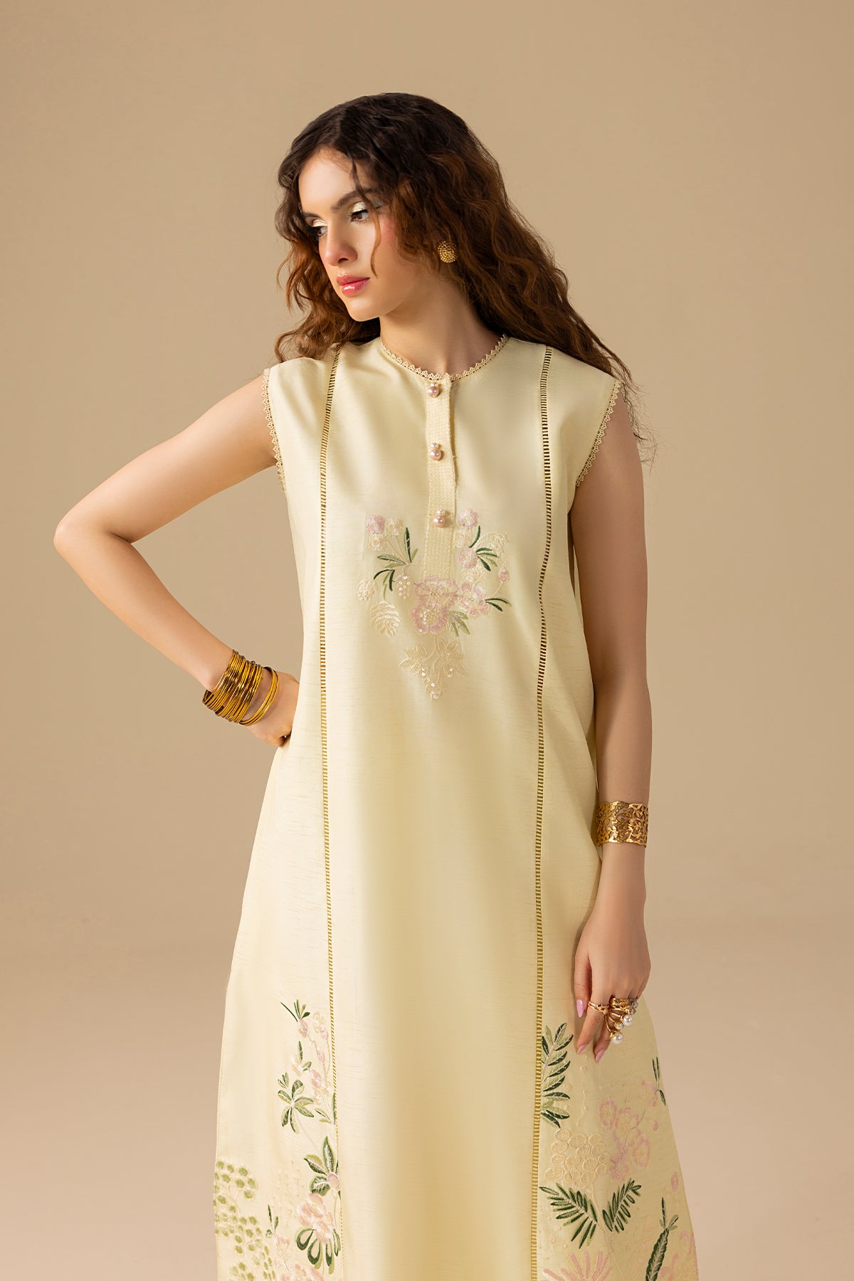 Pakistani Buttery Yellow Embroidered Korean Silk Salwar Kameez (3-Piece) - Image 5