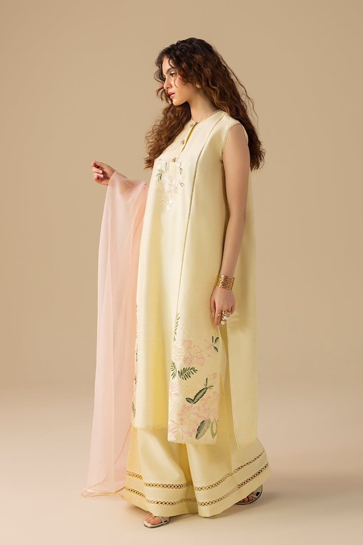 Pakistani Buttery Yellow Embroidered Korean Silk Salwar Kameez (3-Piece) - Image 6