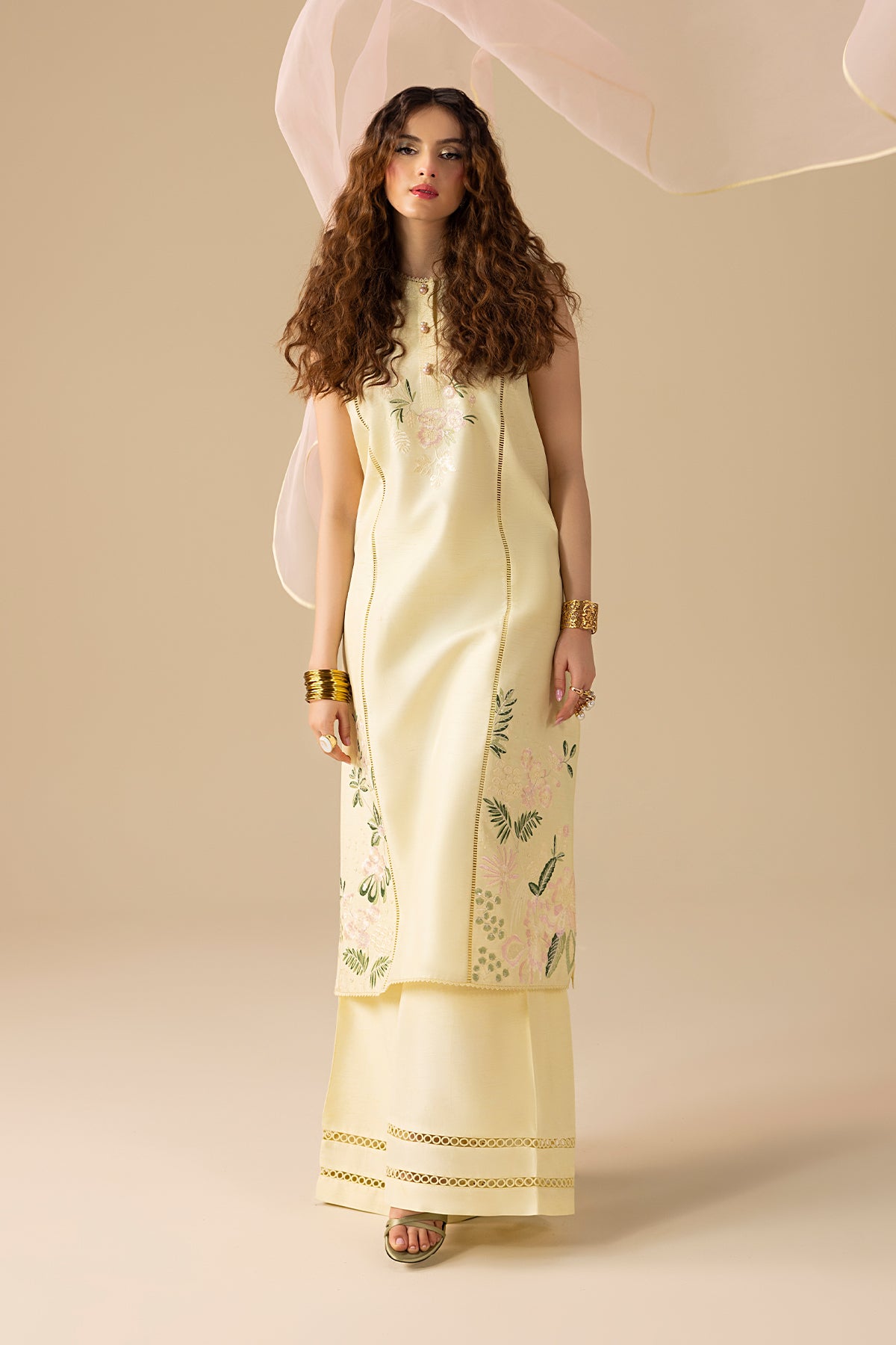 Pakistani Buttery Yellow Embroidered Korean Silk Salwar Kameez (3-Piece) - Image 7