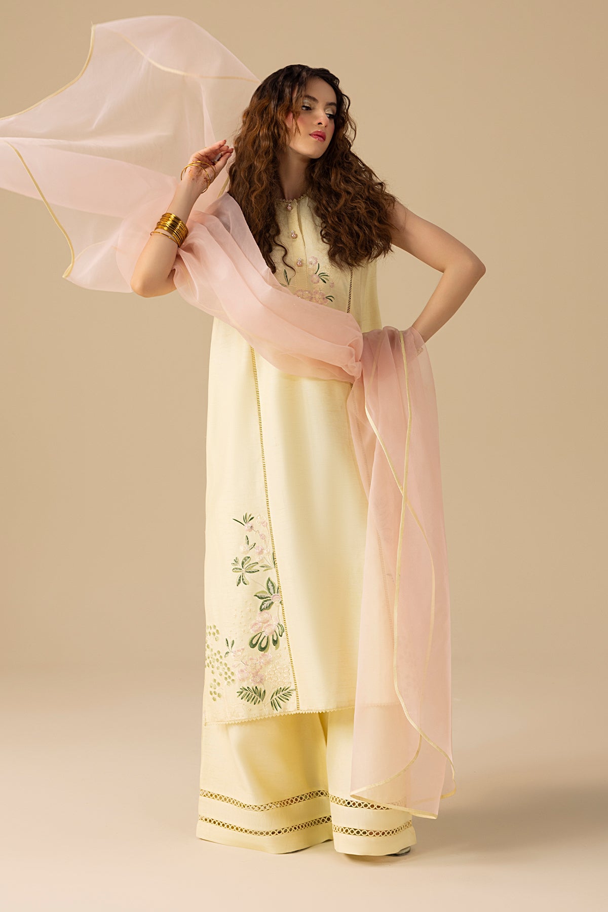 Pakistani Buttery Yellow Embroidered Korean Silk Salwar Kameez (3-Piece) - Image 8