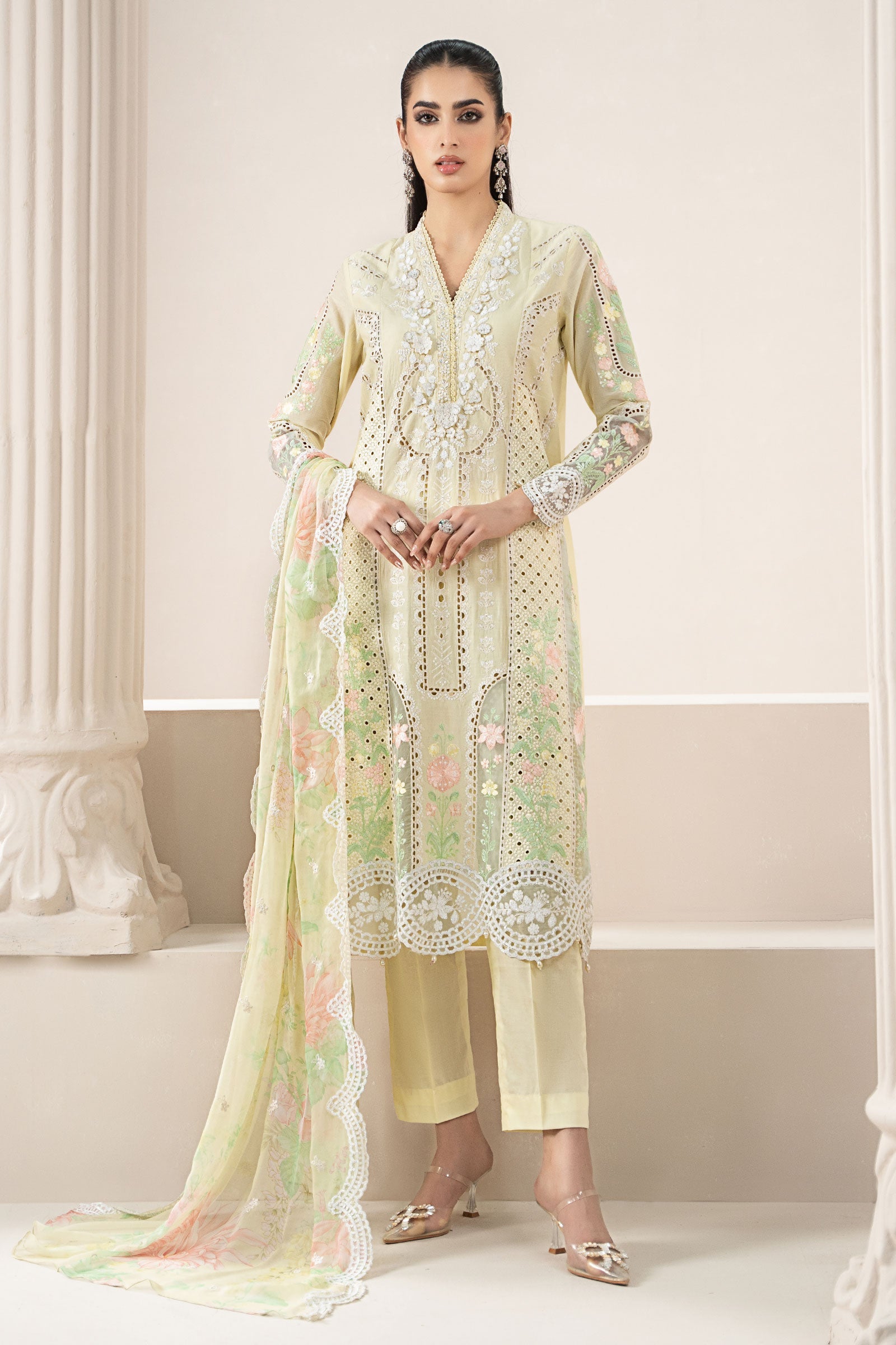 Lemon Yellow Embroidered Lawn Salwar Kameez (3-Piece) - Image 1