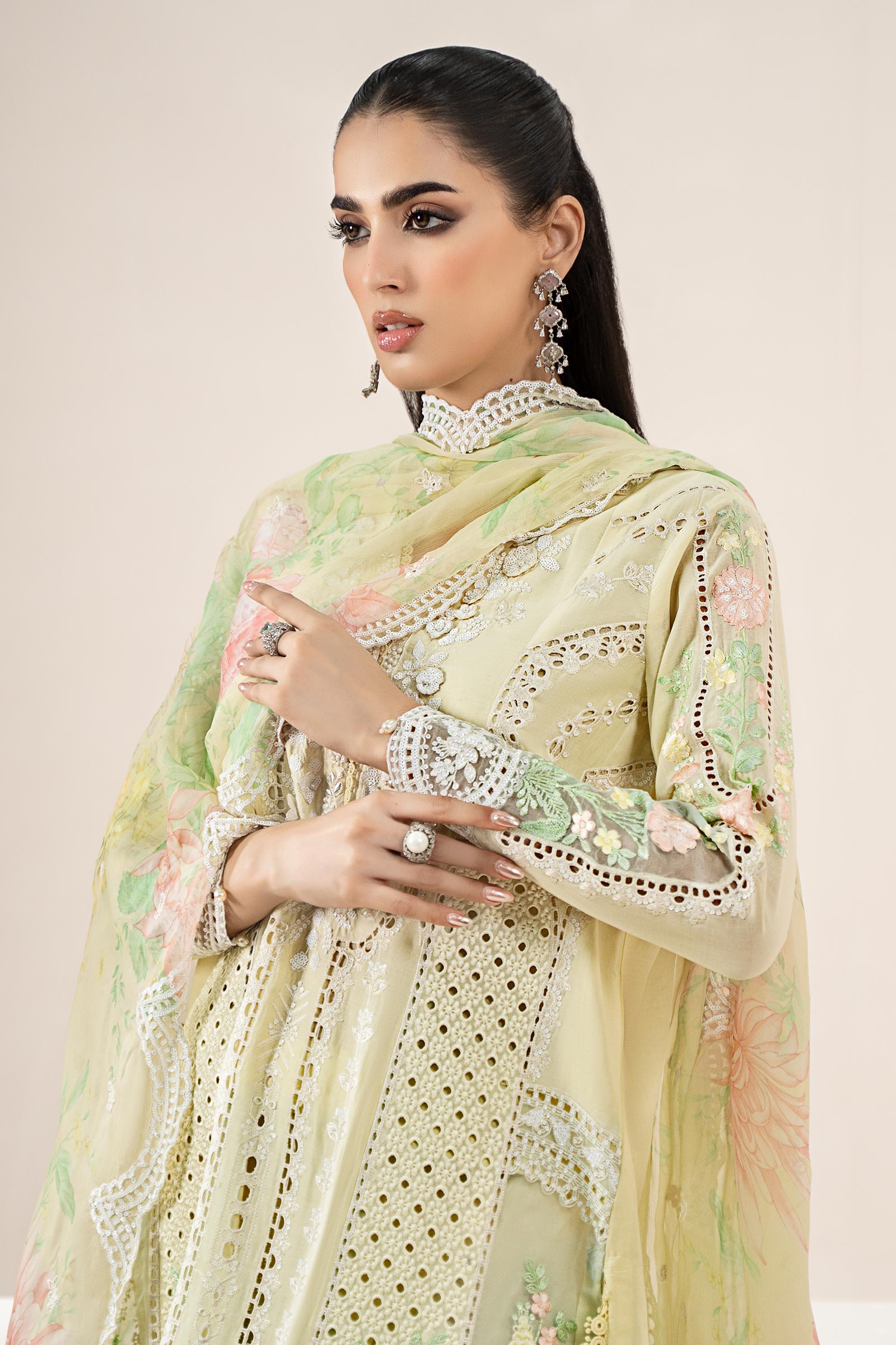 Lemon Yellow Embroidered Lawn Salwar Kameez (3-Piece) - Image 3