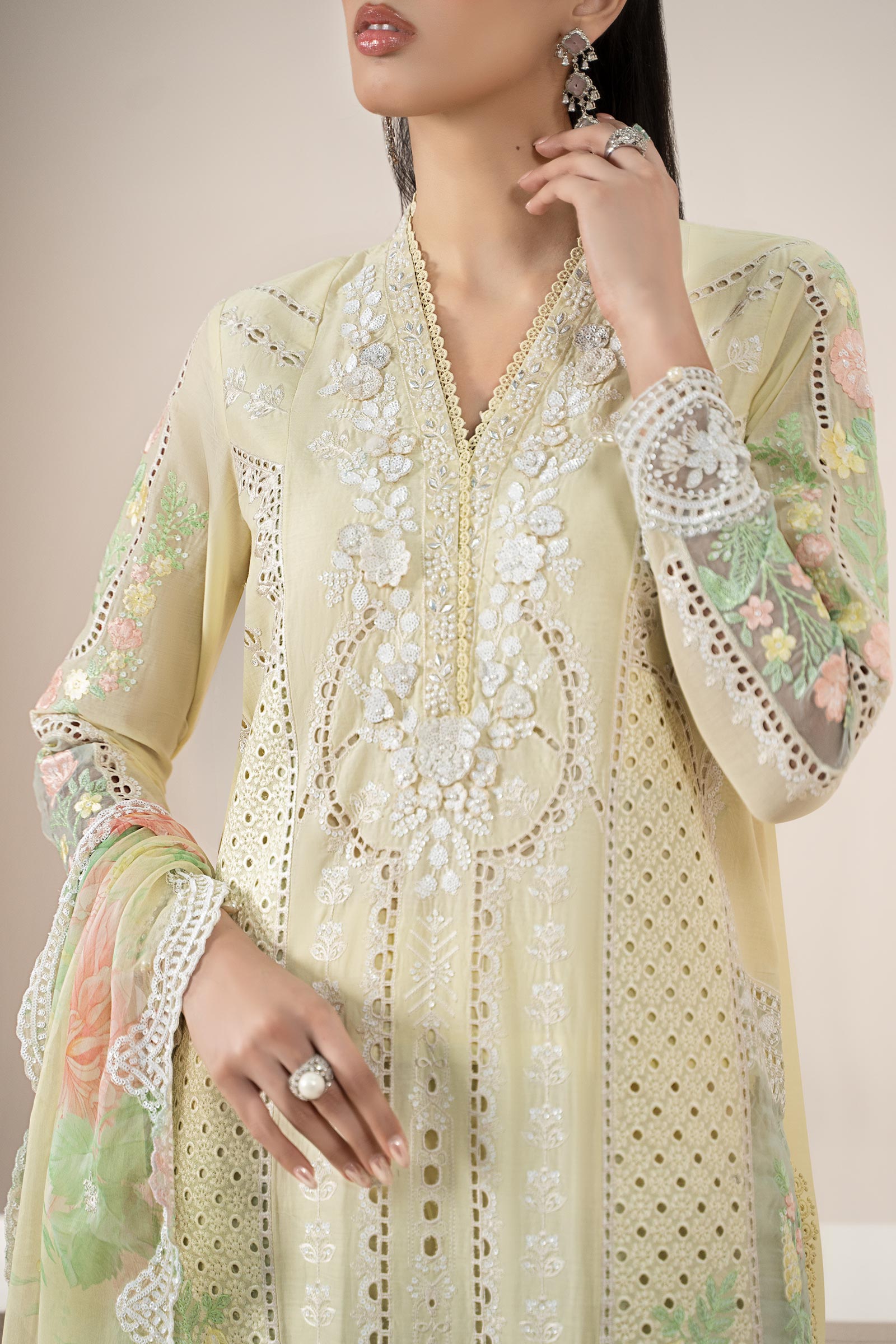 Lemon Yellow Embroidered Lawn Salwar Kameez (3-Piece) - Image 4