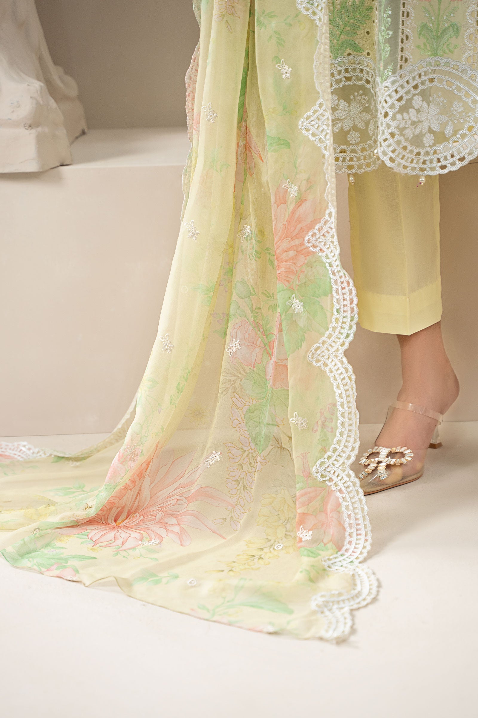 Lemon Yellow Embroidered Lawn Salwar Kameez (3-Piece) - Image 6