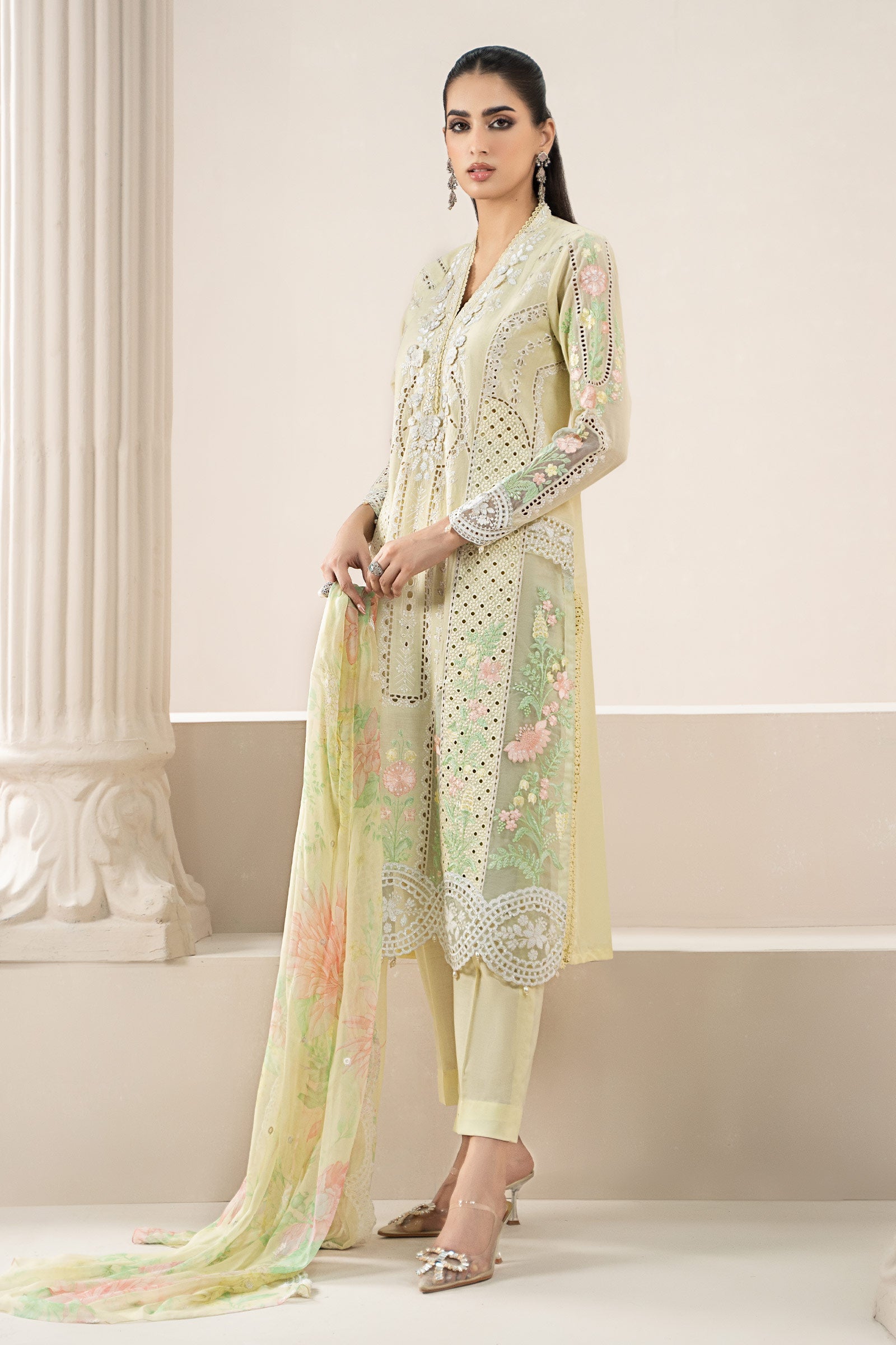 Lemon Yellow Embroidered Lawn Salwar Kameez (3-Piece) - Image 7