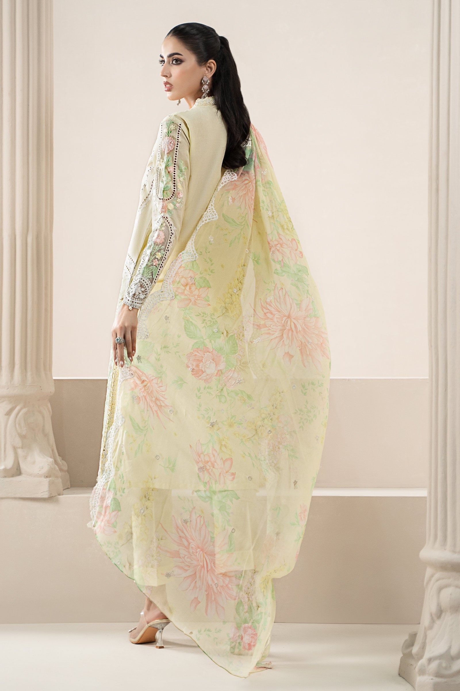 Lemon Yellow Embroidered Lawn Salwar Kameez (3-Piece) - Image 8