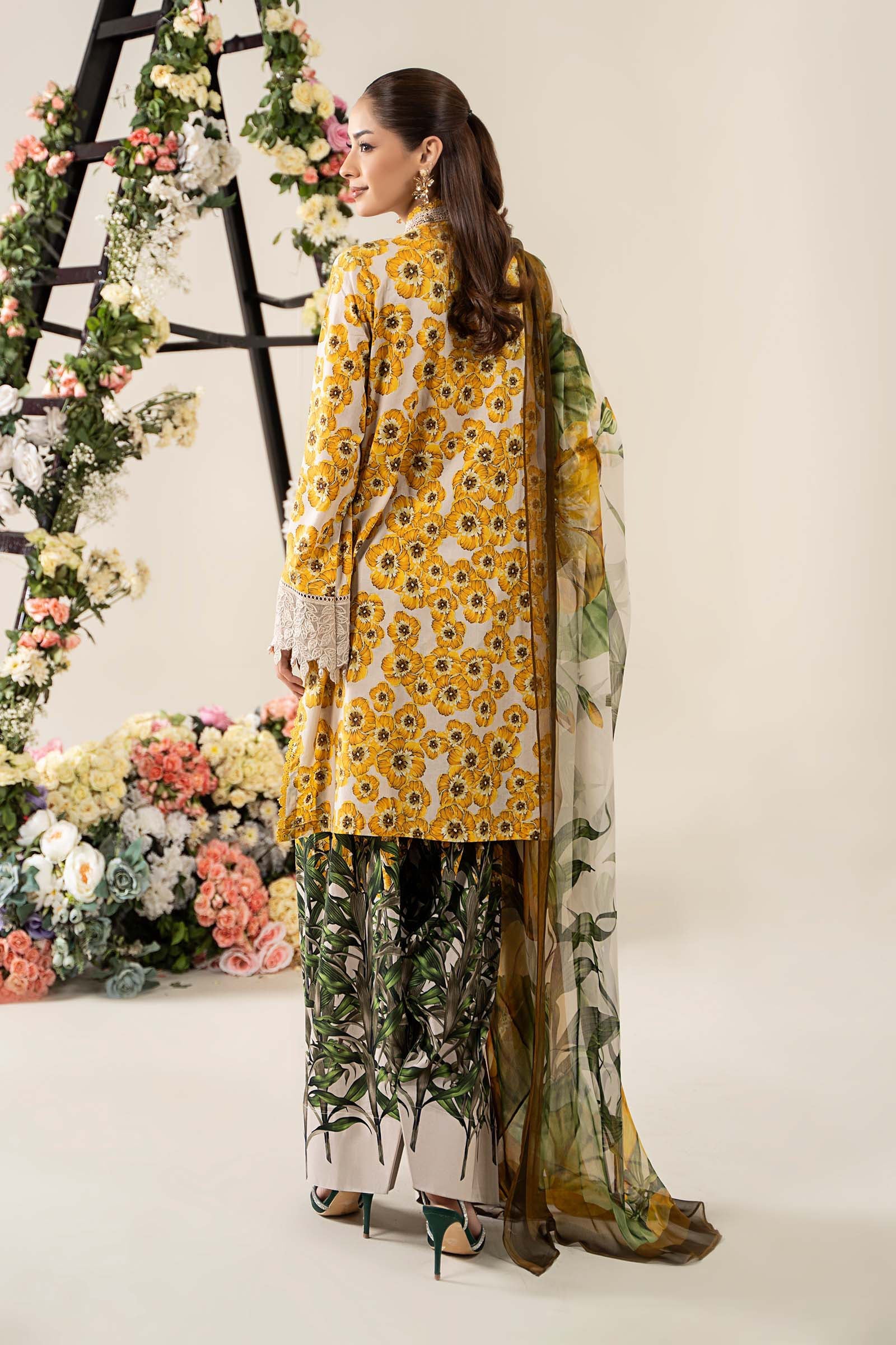 Off-White & Yellow Embroidered Lawn Salwar Kameez (3-Piece) - Image 10