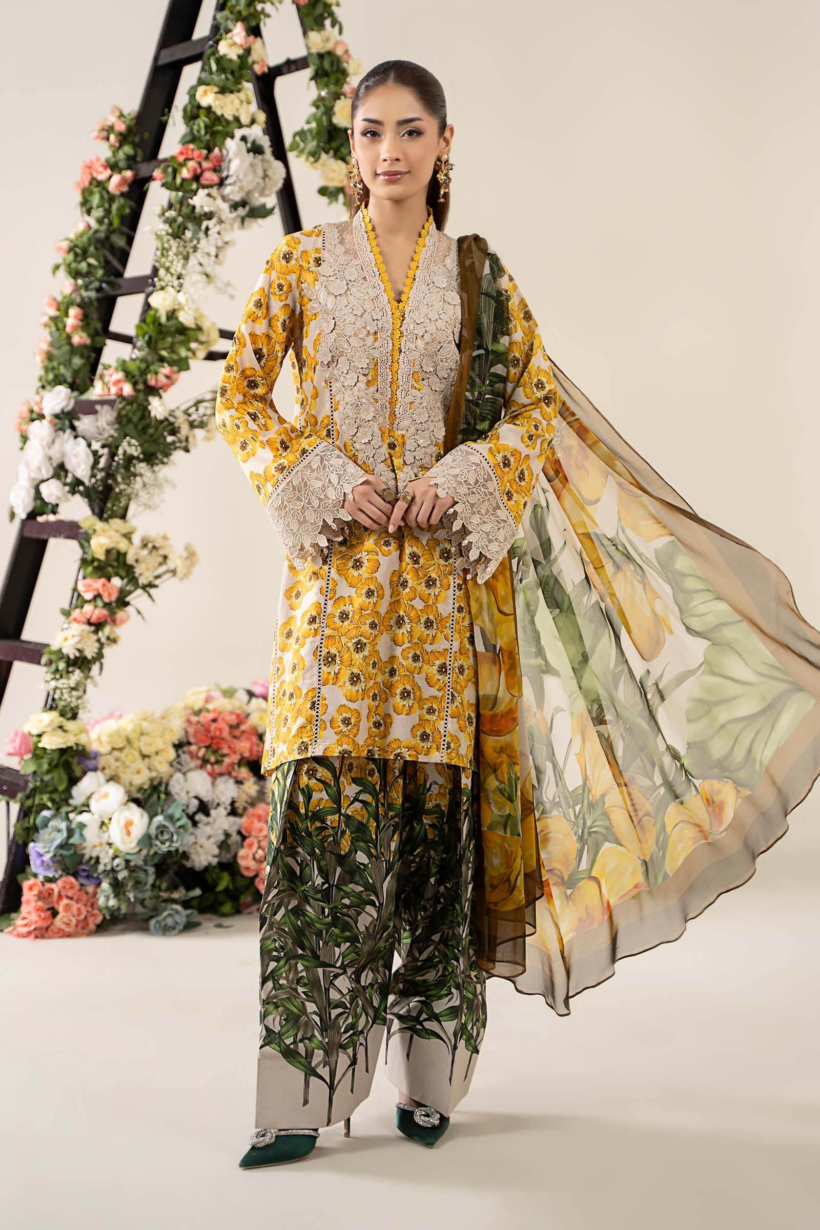 Off-White & Yellow Embroidered Lawn Salwar Kameez (3-Piece) - Image 2