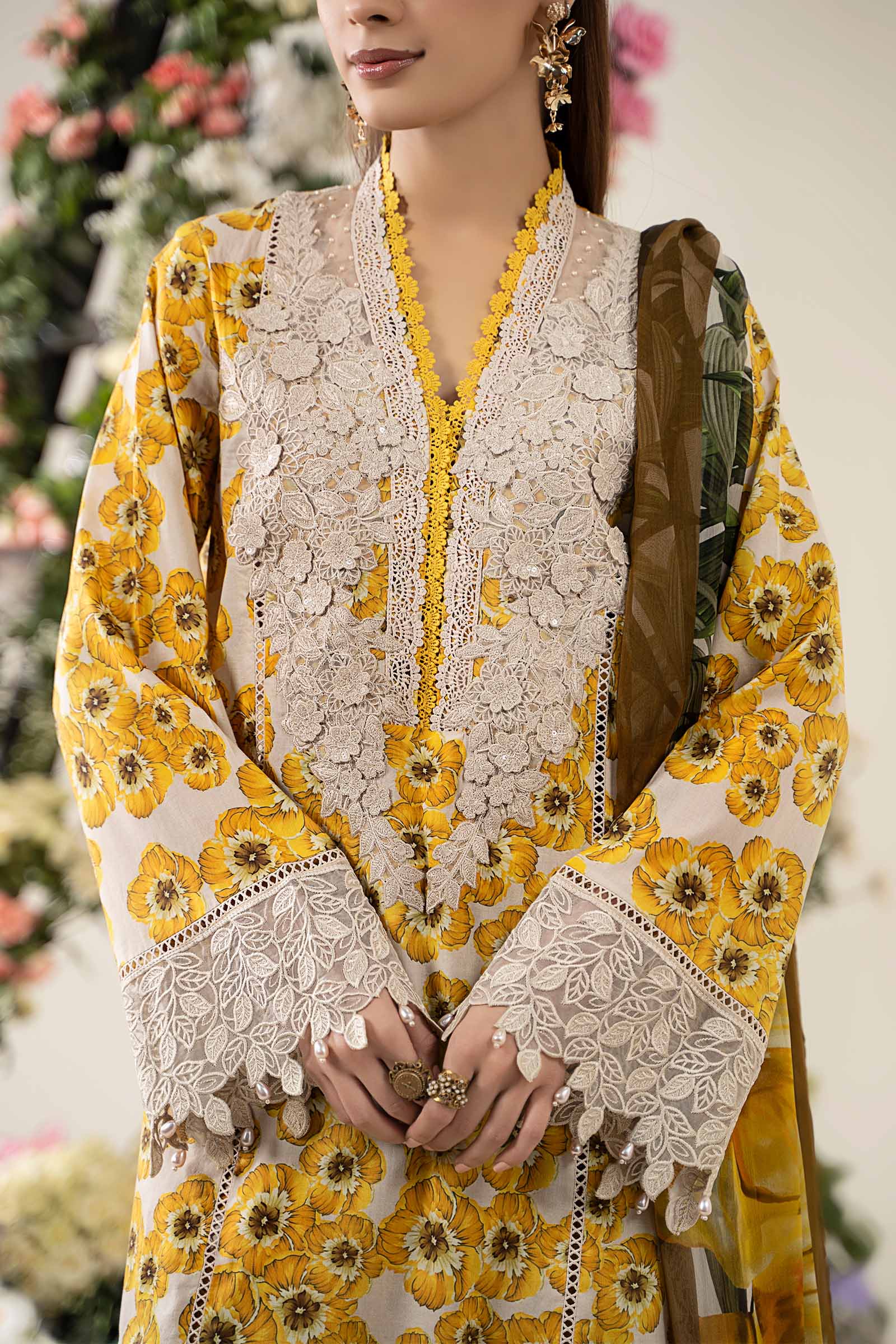 Off-White & Yellow Embroidered Lawn Salwar Kameez (3-Piece) - Image 7
