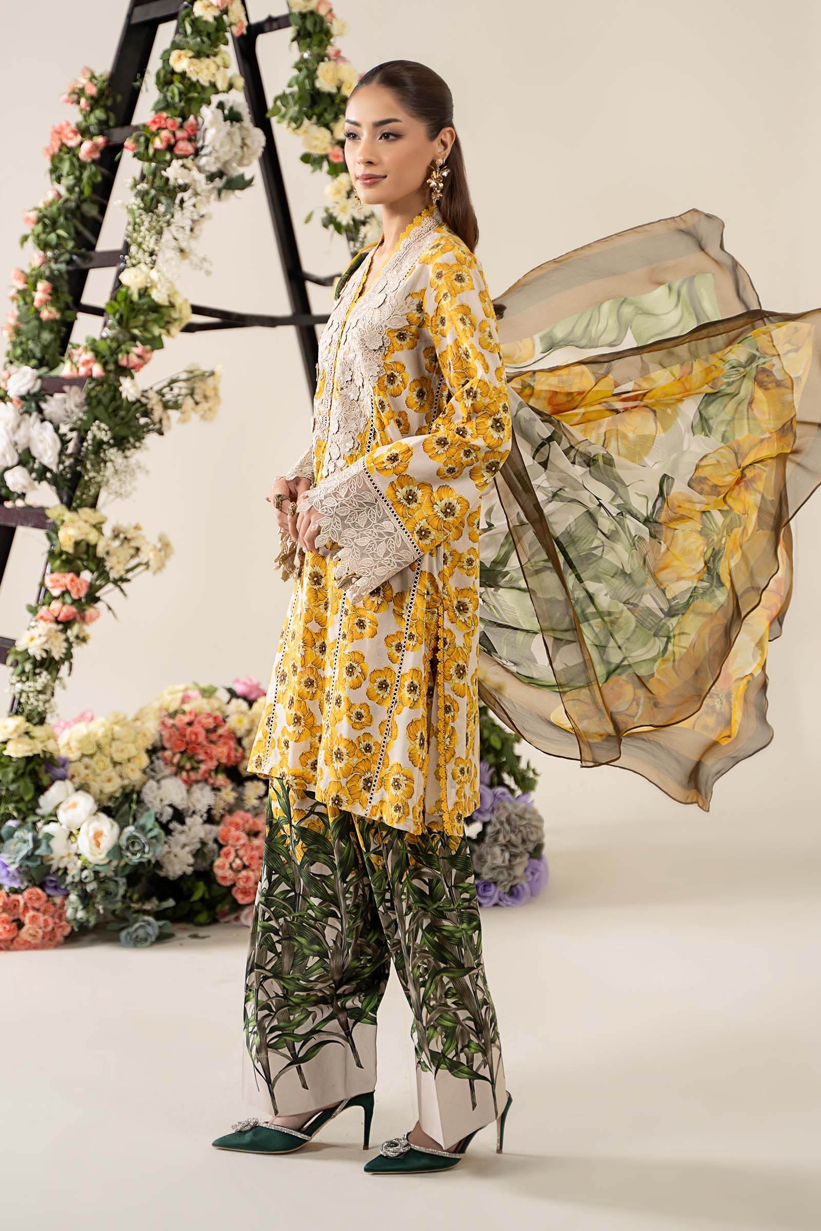 Off-White & Yellow Embroidered Lawn Salwar Kameez (3-Piece) - Image 9
