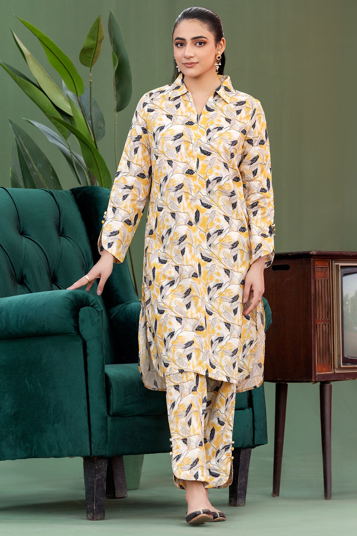 Yellow Digital Printed Lawn Salwar Kameez (2-Piece) - Image 1