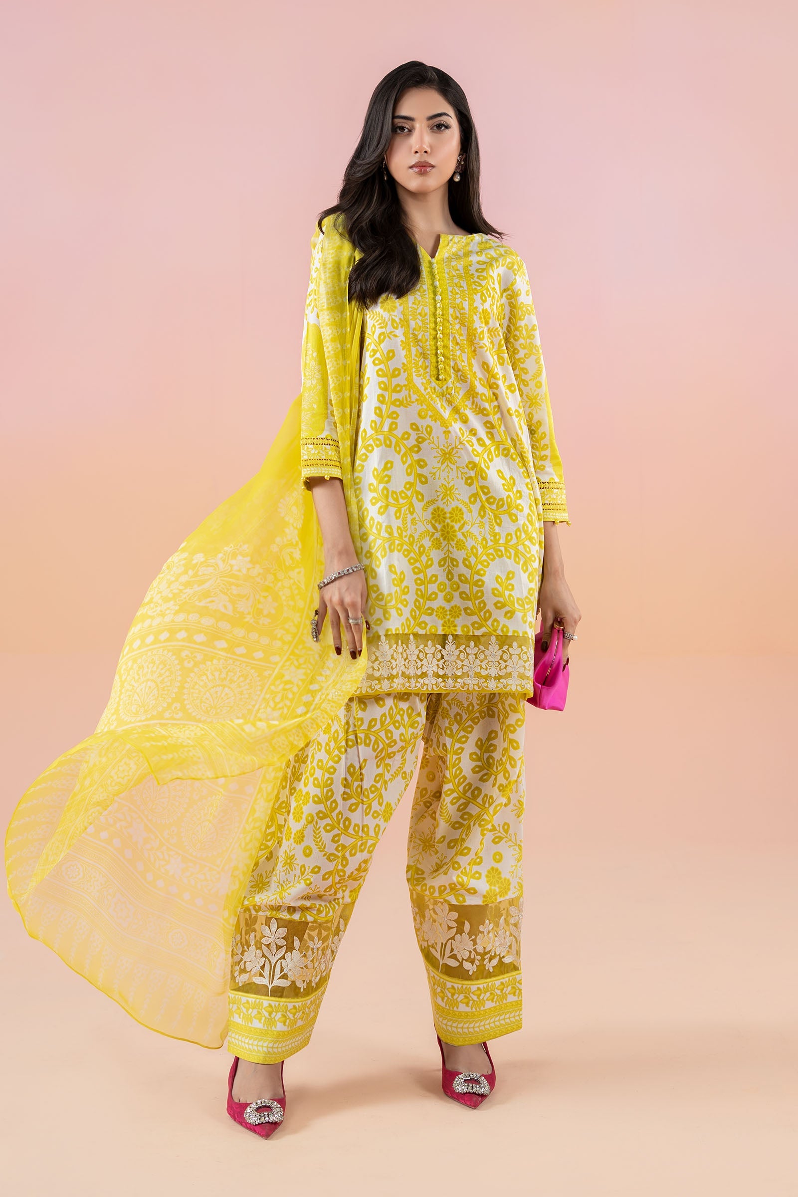 Pakistani Yellow Printed Lawn Salwar Kameez (3-Piece) - Image 1