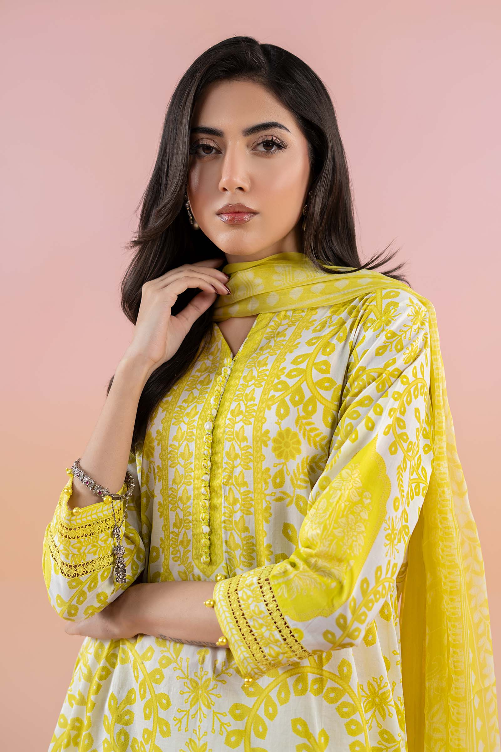 Pakistani Yellow Printed Lawn Salwar Kameez (3-Piece) - Image 2