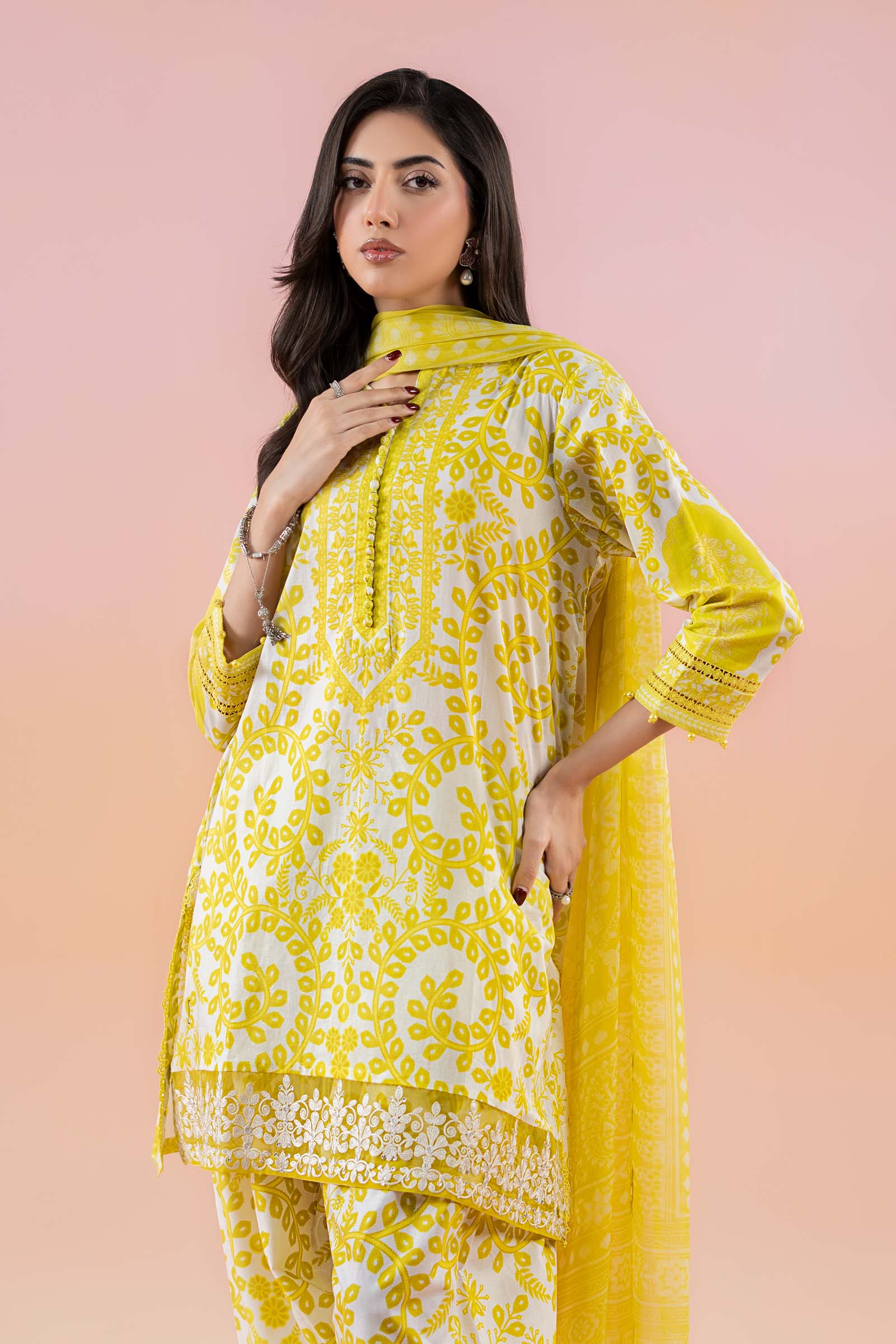 Pakistani Yellow Printed Lawn Salwar Kameez (3-Piece) - Image 3