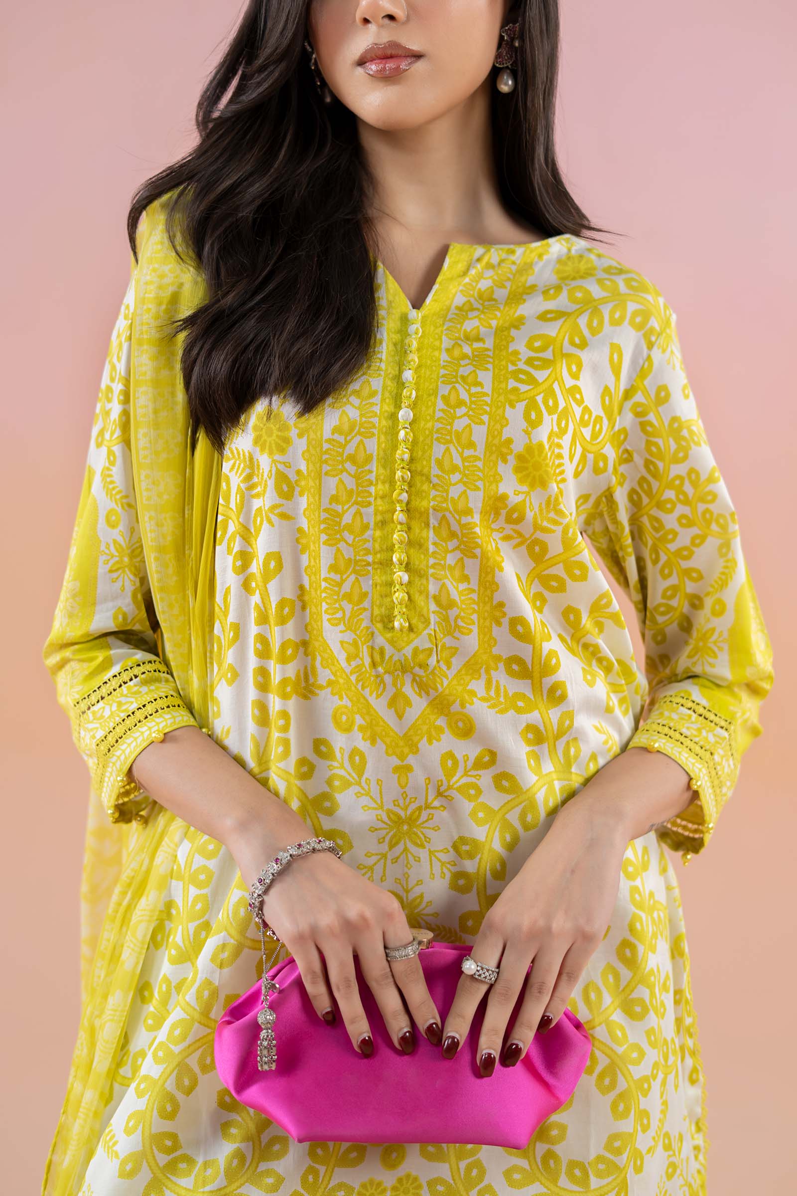 Pakistani Yellow Printed Lawn Salwar Kameez (3-Piece) - Image 4