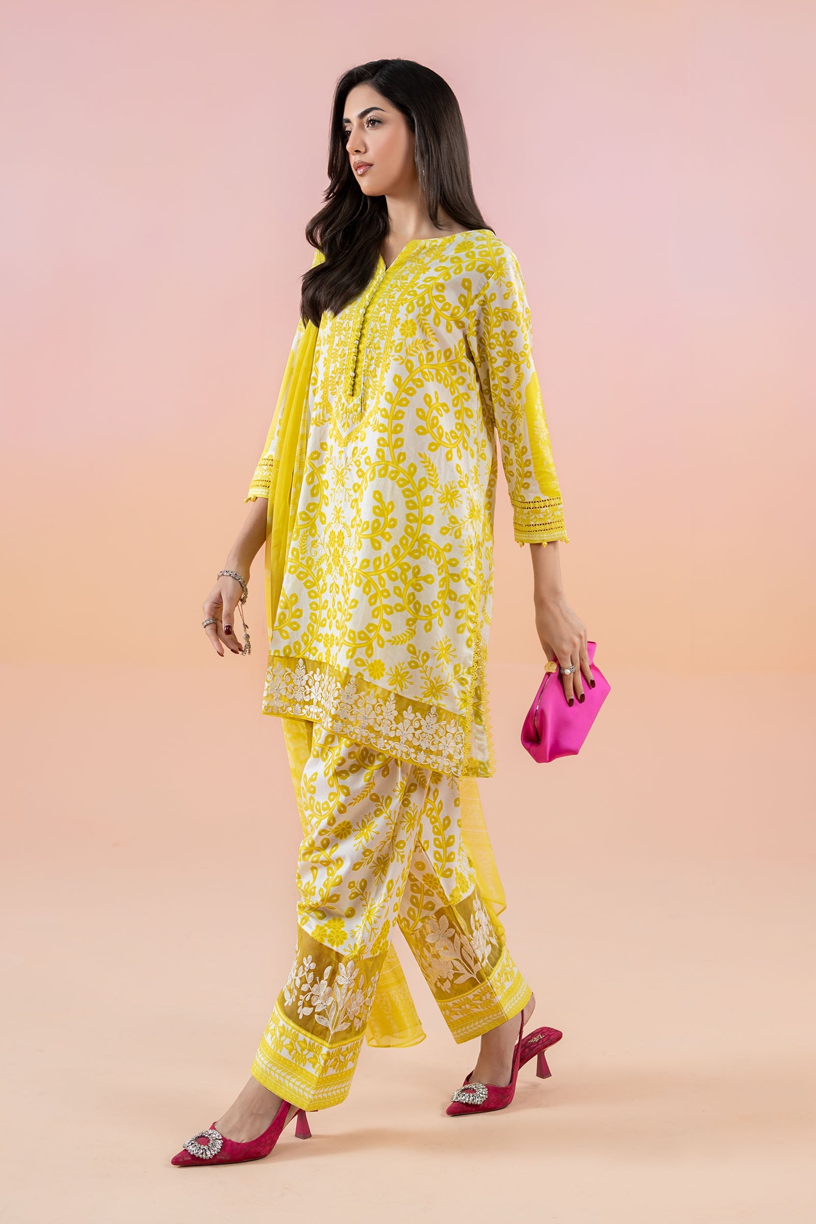 Pakistani Yellow Printed Lawn Salwar Kameez (3-Piece) - Image 6