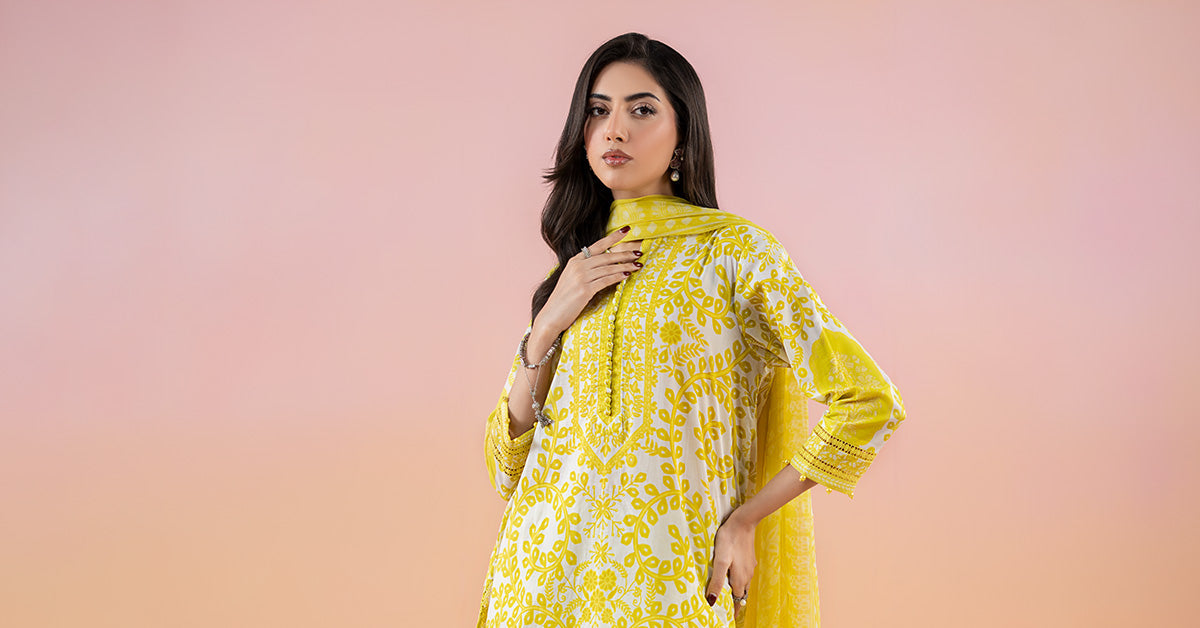 Pakistani Yellow Printed Lawn Salwar Kameez (3-Piece) - Image 8