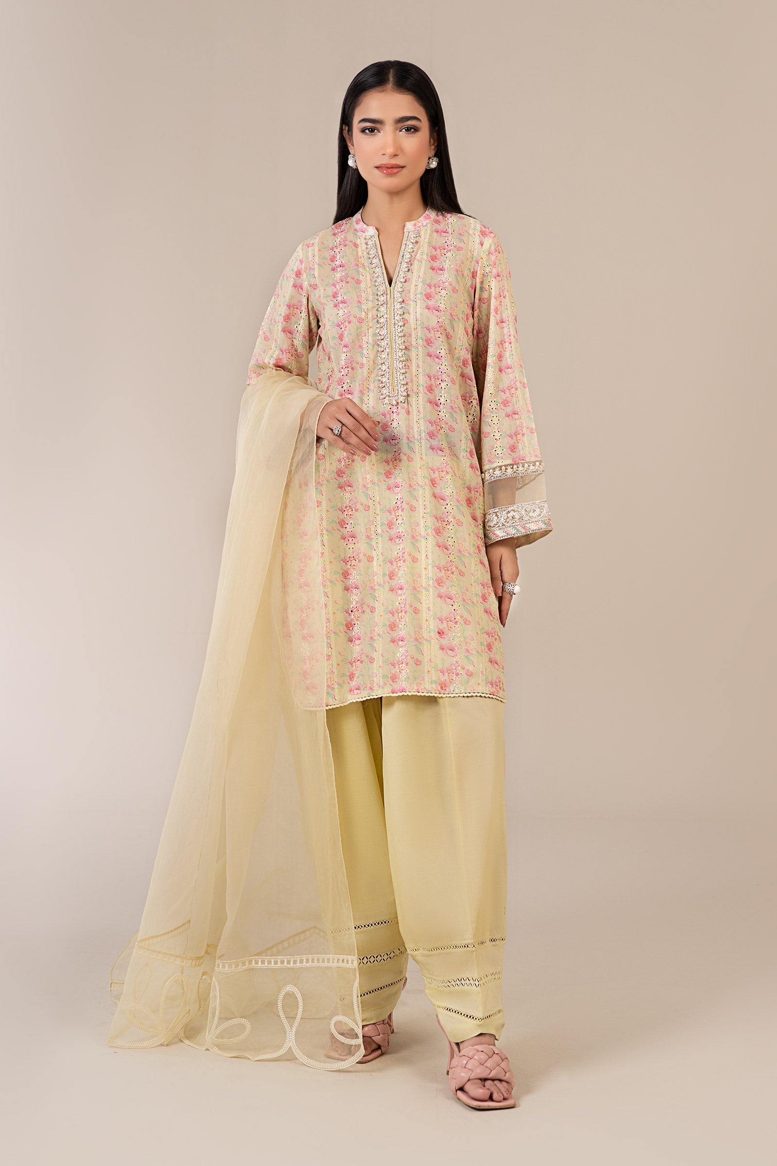 Yellow Embroidered Lawn Salwar Kameez (3-Piece) - Image 1