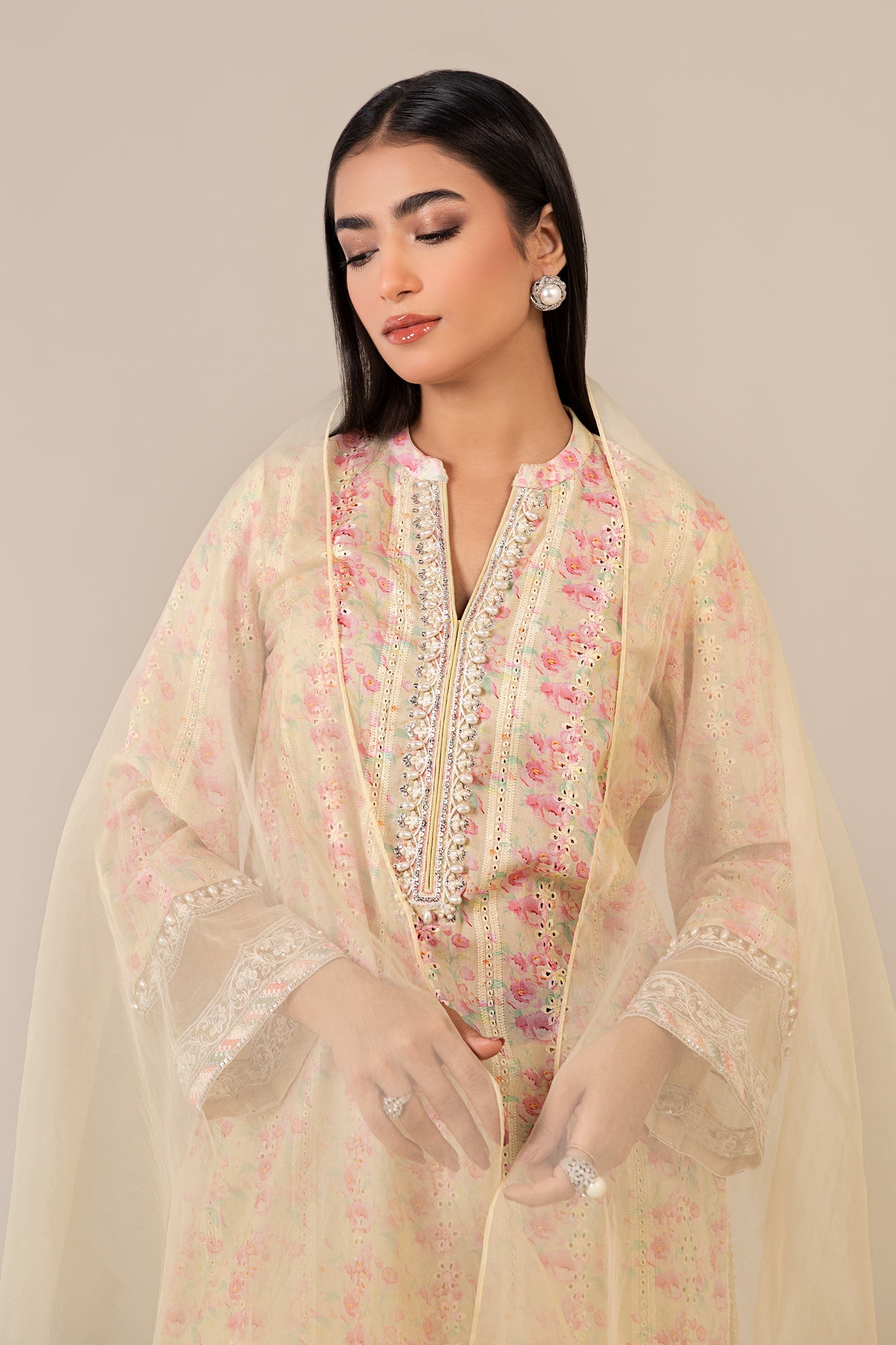 Yellow Embroidered Lawn Salwar Kameez (3-Piece) - Image 7