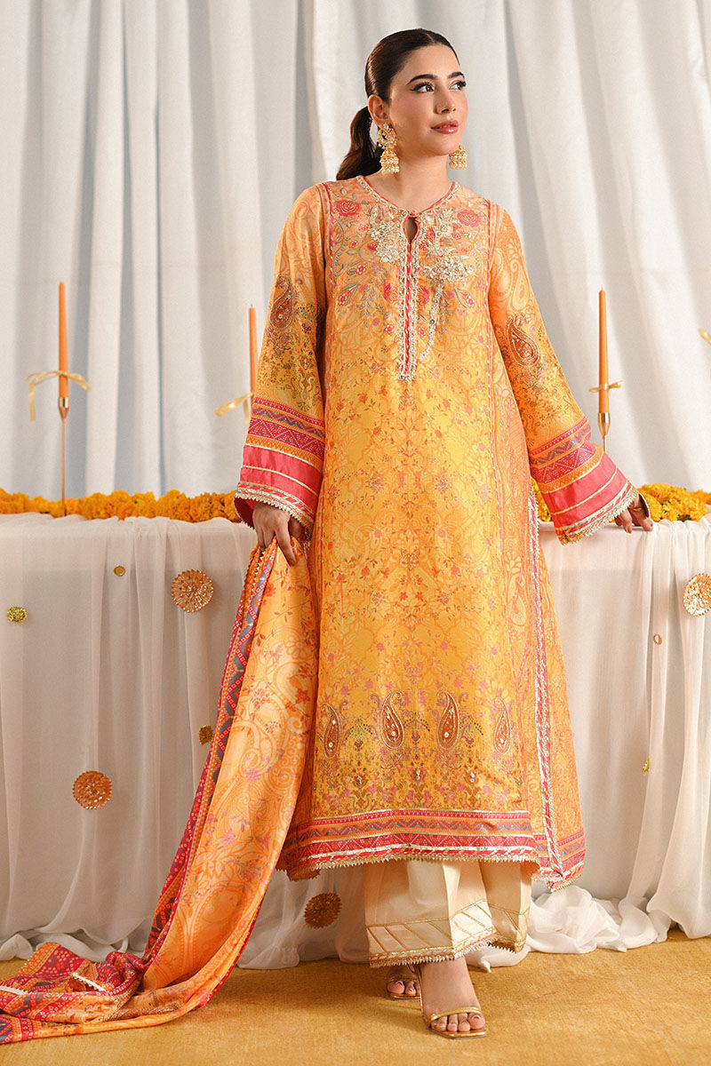 Pakistani Yellow Paisley-Embroidered Lawn Salwar Kameez (3-Piece) - Image 1